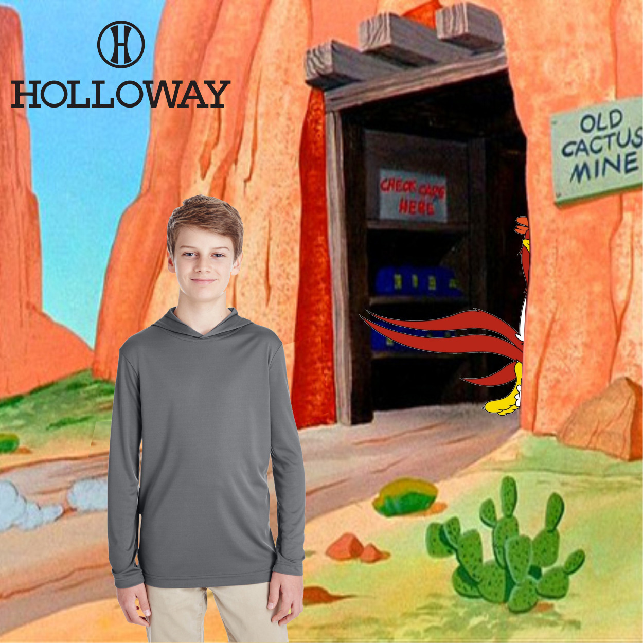 A young boy wearing a gray hoodie standing in front of a cartoonish desert background with a mine entrance labeled "Old Cactus Mine" and a rooster hiding partially behind the mine's wooden frame, with the word "Holloway" and a logo at the top left corner.