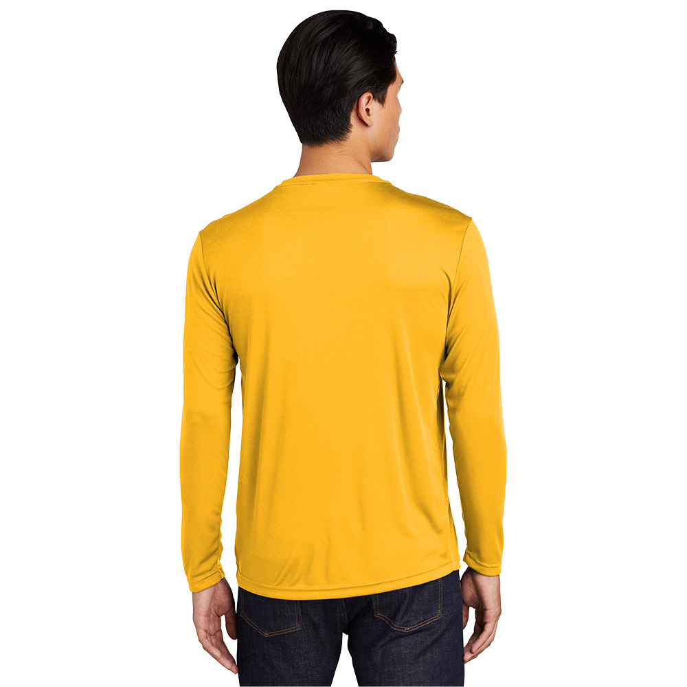 Back view of a man wearing a plain mustard yellow long-sleeve crew neck shirt with dark blue jeans