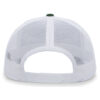 TRUCKER SNAPBACK CAP_BACK Rear view of white mesh adjustable baseball cap with plastic snap closure and dark green button on top
