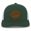 TRUCKER SNAPBACK CAP_front Dark green and white mesh trucker hat with brown Westport Storm Baseball logo embroidered on the front