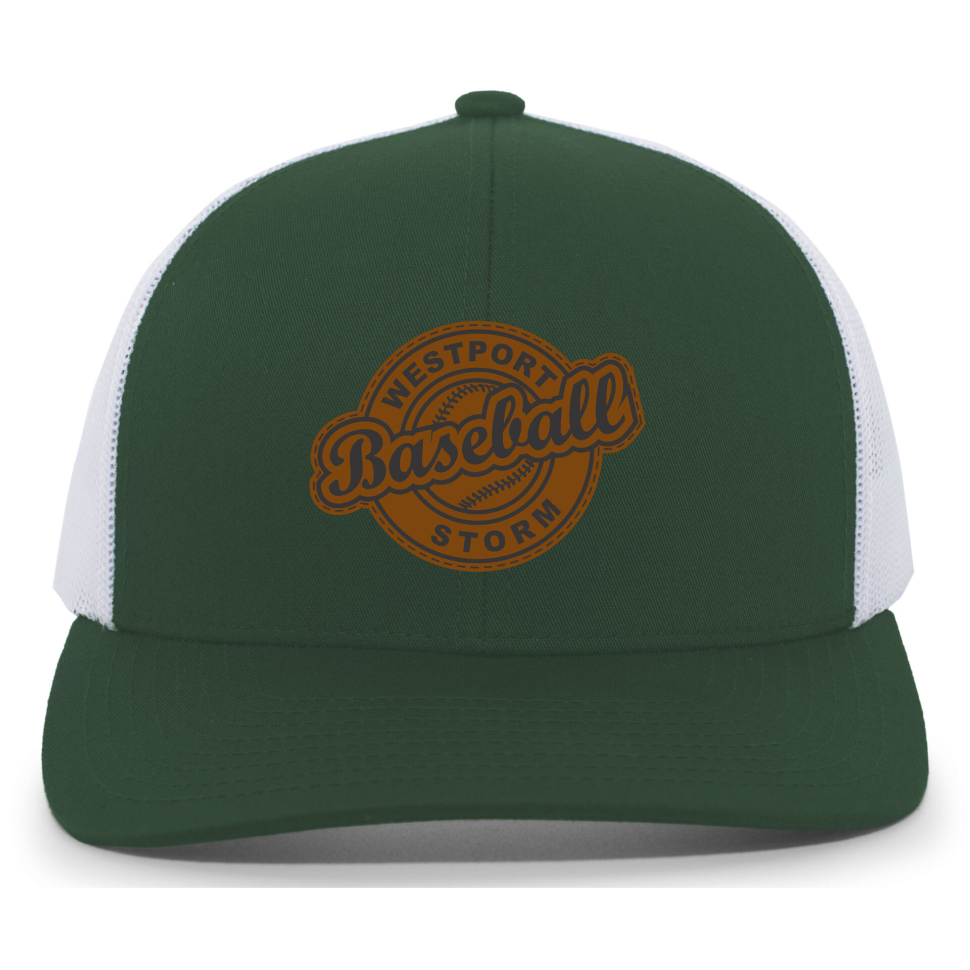 Dark green and white mesh trucker hat with brown Westport Storm Baseball logo embroidered on the front