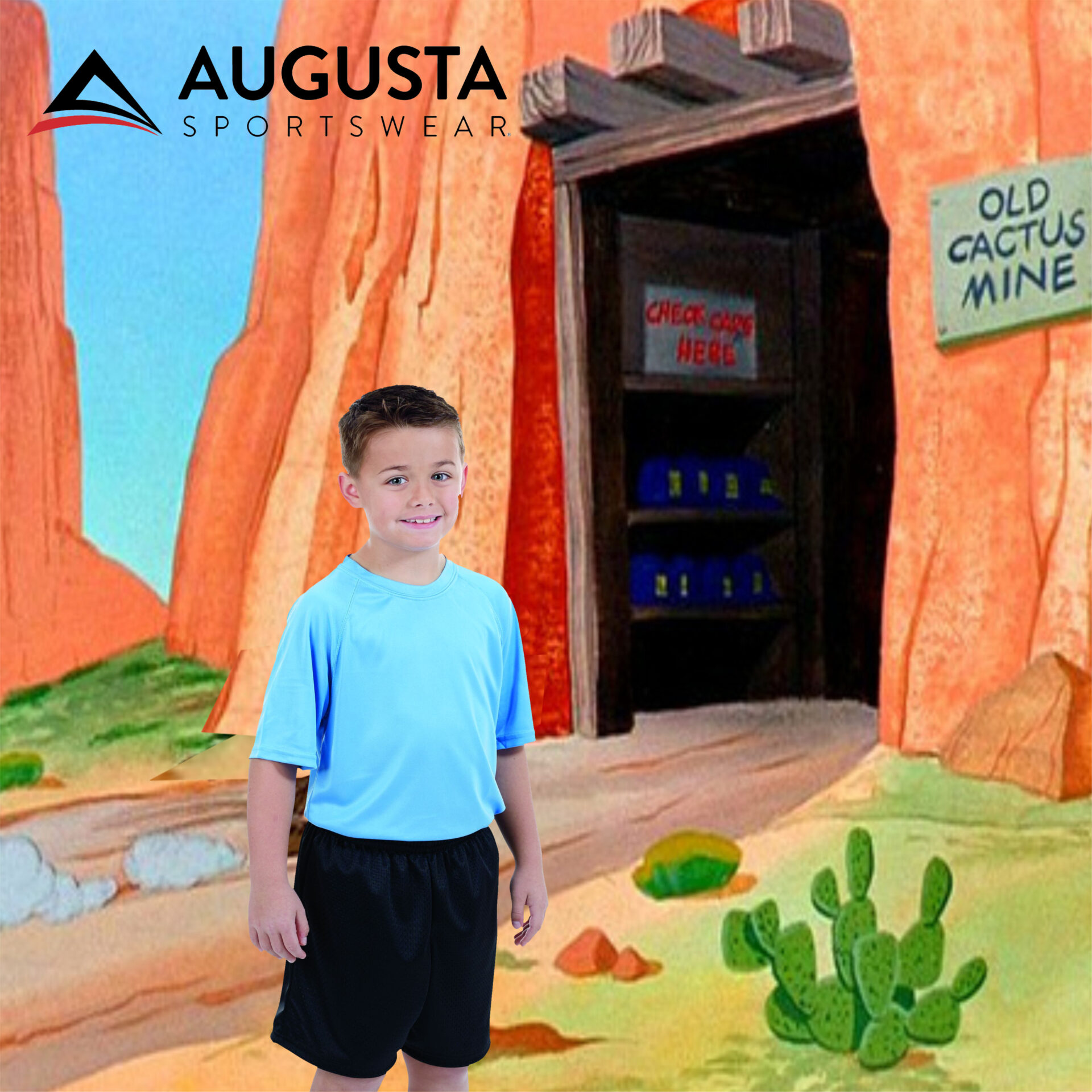 attain_cover_youth_2 Young boy wearing a light blue short-sleeve athletic shirt and black sports shorts, standing in front of a cartoon desert background with red rock cliffs and a mine entrance labeled 'Old Cactus Mine'