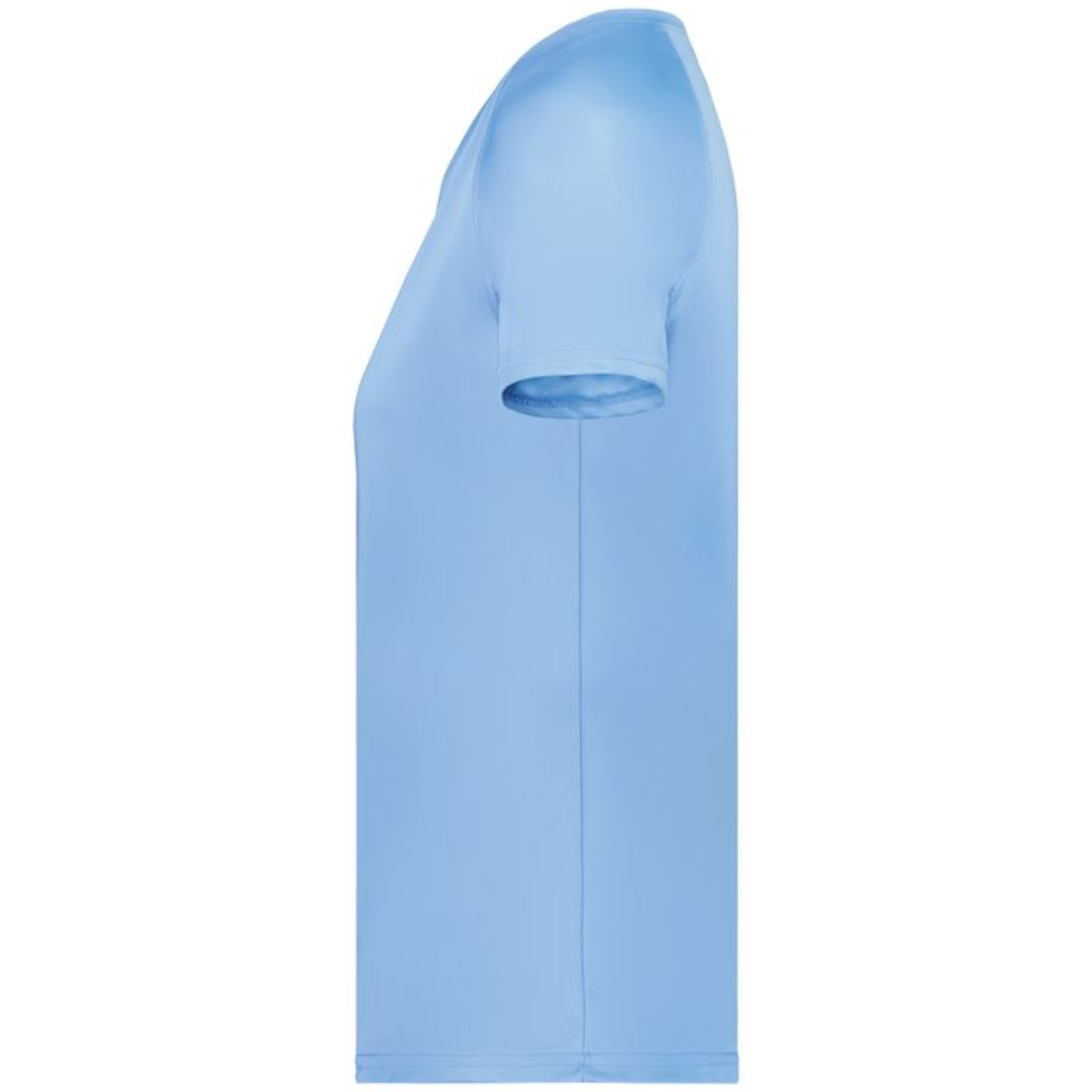 attain_ladies_cover_3 Side view of a light blue short-sleeve crewneck t-shirt with a smooth fabric texture