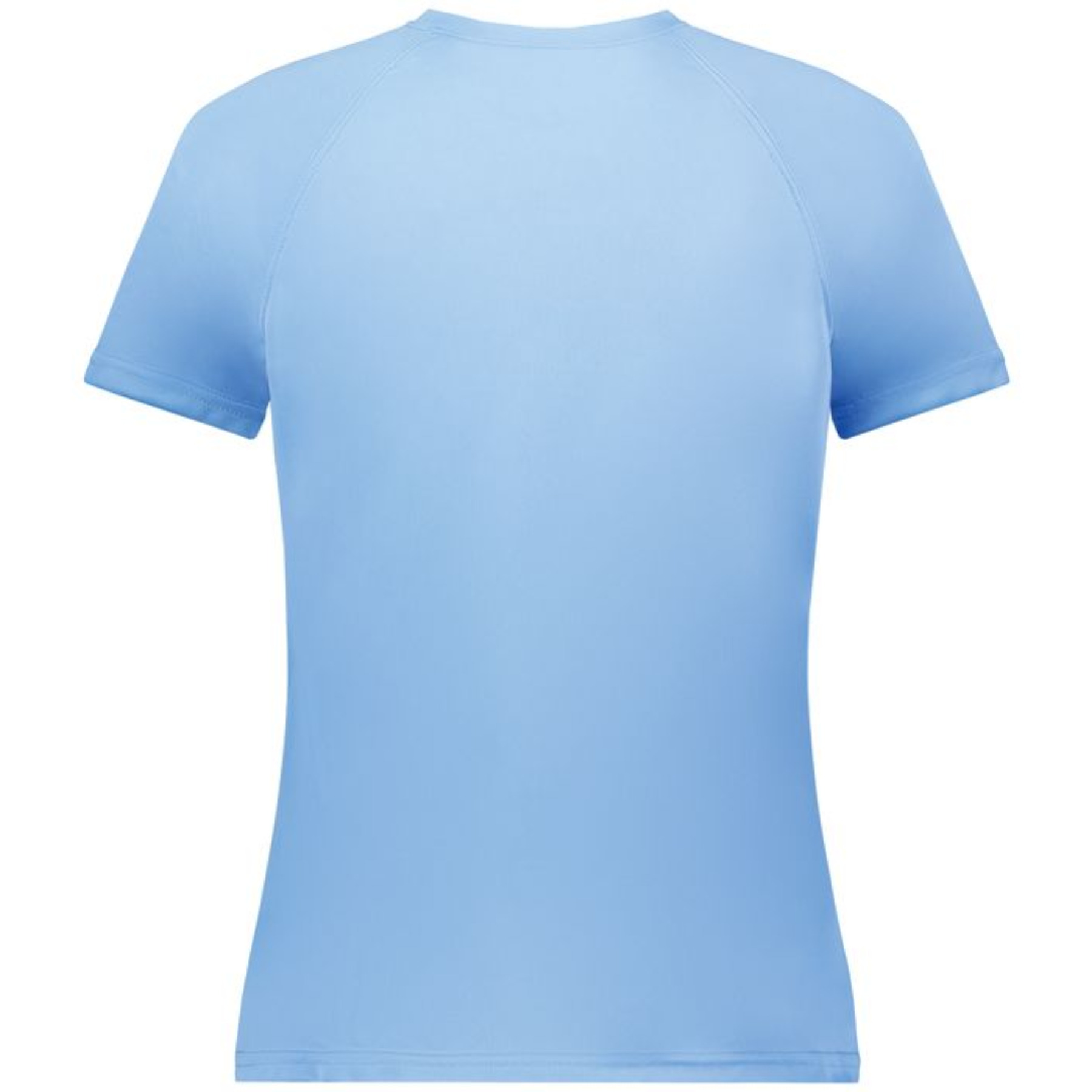 attain_ladies_cover_4 Back view of a fitted light blue short-sleeve athletic t-shirt with raglan sleeves