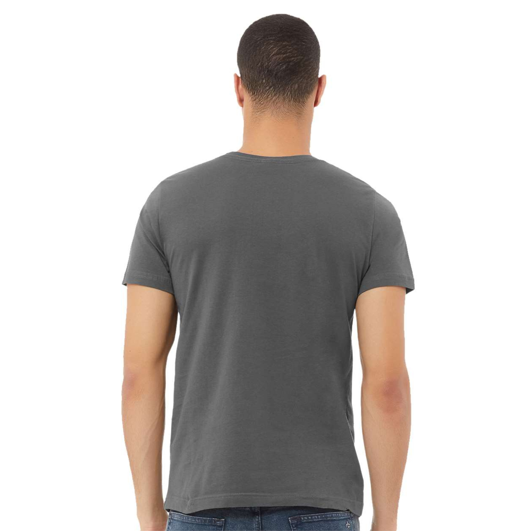 Back view of a man wearing a plain dark gray short-sleeve crew neck t-shirt and blue jeans against a white background