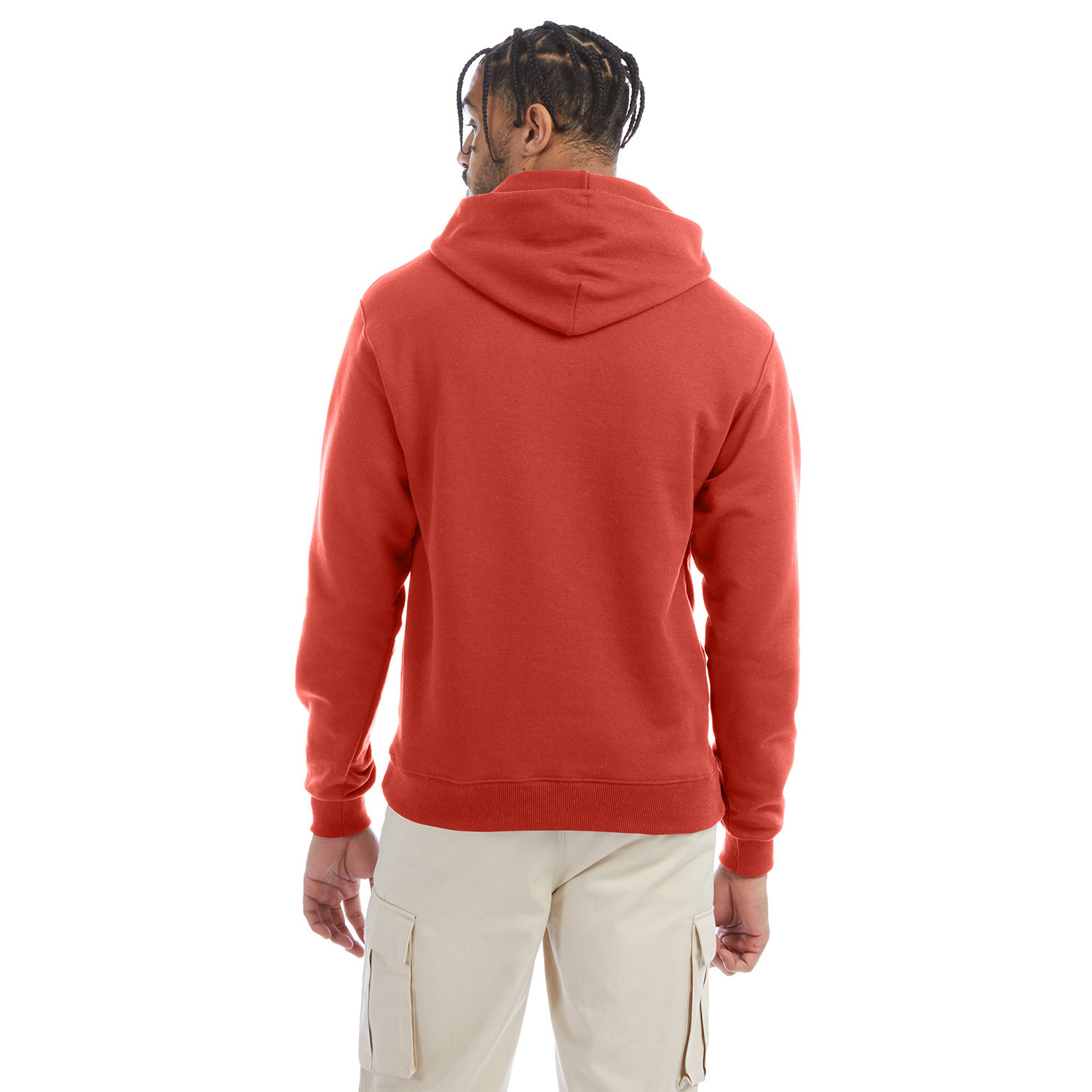 champion_hood_cover_back Man with braided hair seen from behind wearing a red hoodie and beige cargo pants against a white background