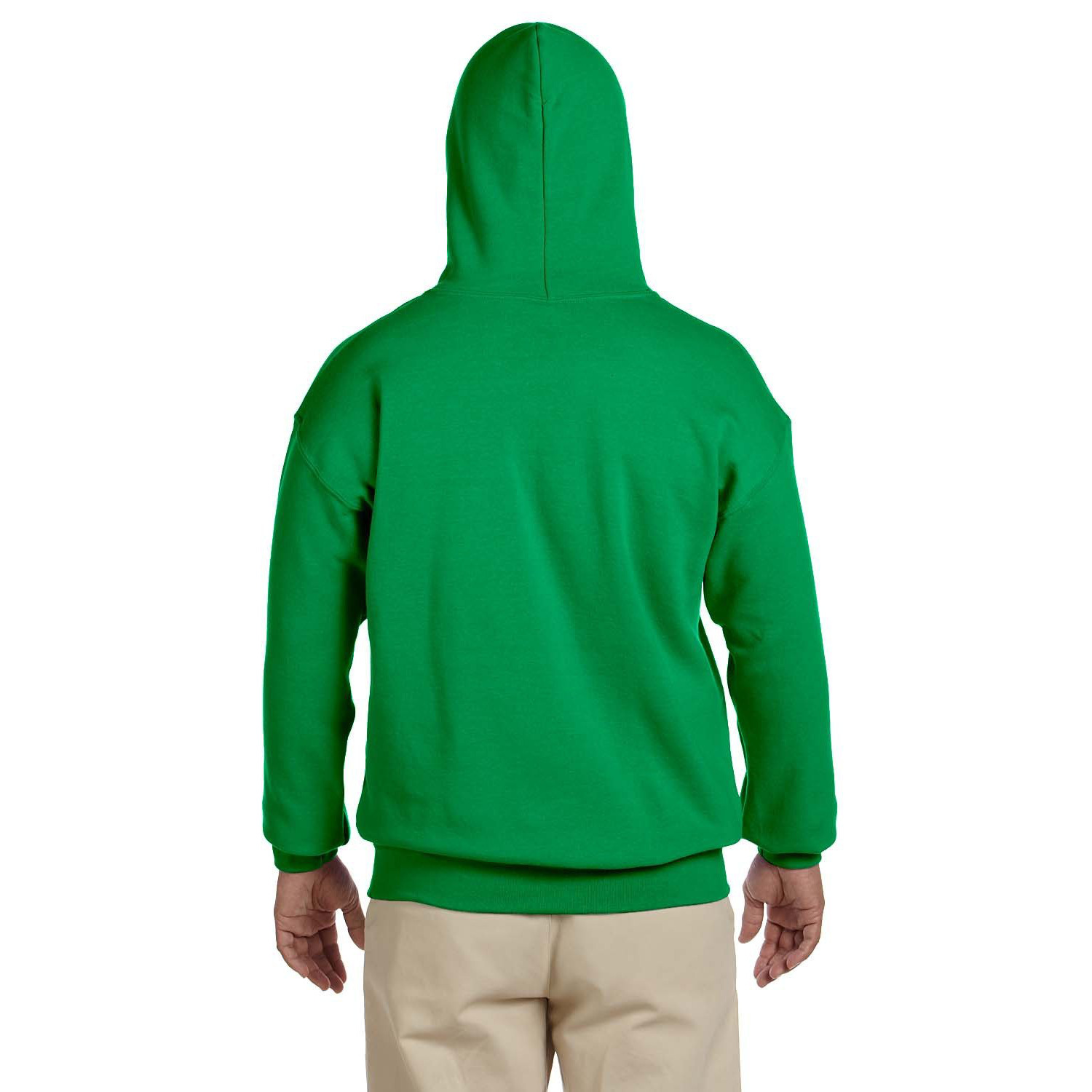 gildan_18500_cover_back Person wearing a plain green hoodie seen from the back, paired with beige pants against a white background.