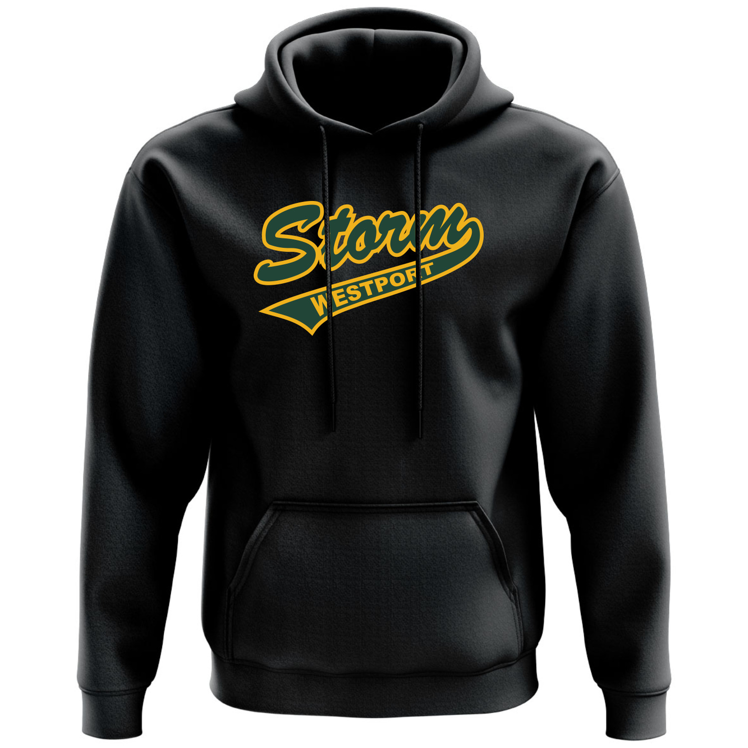 Black pullover hoodie with yellow and green Storm Westport graphic on chest and front kangaroo pocket
