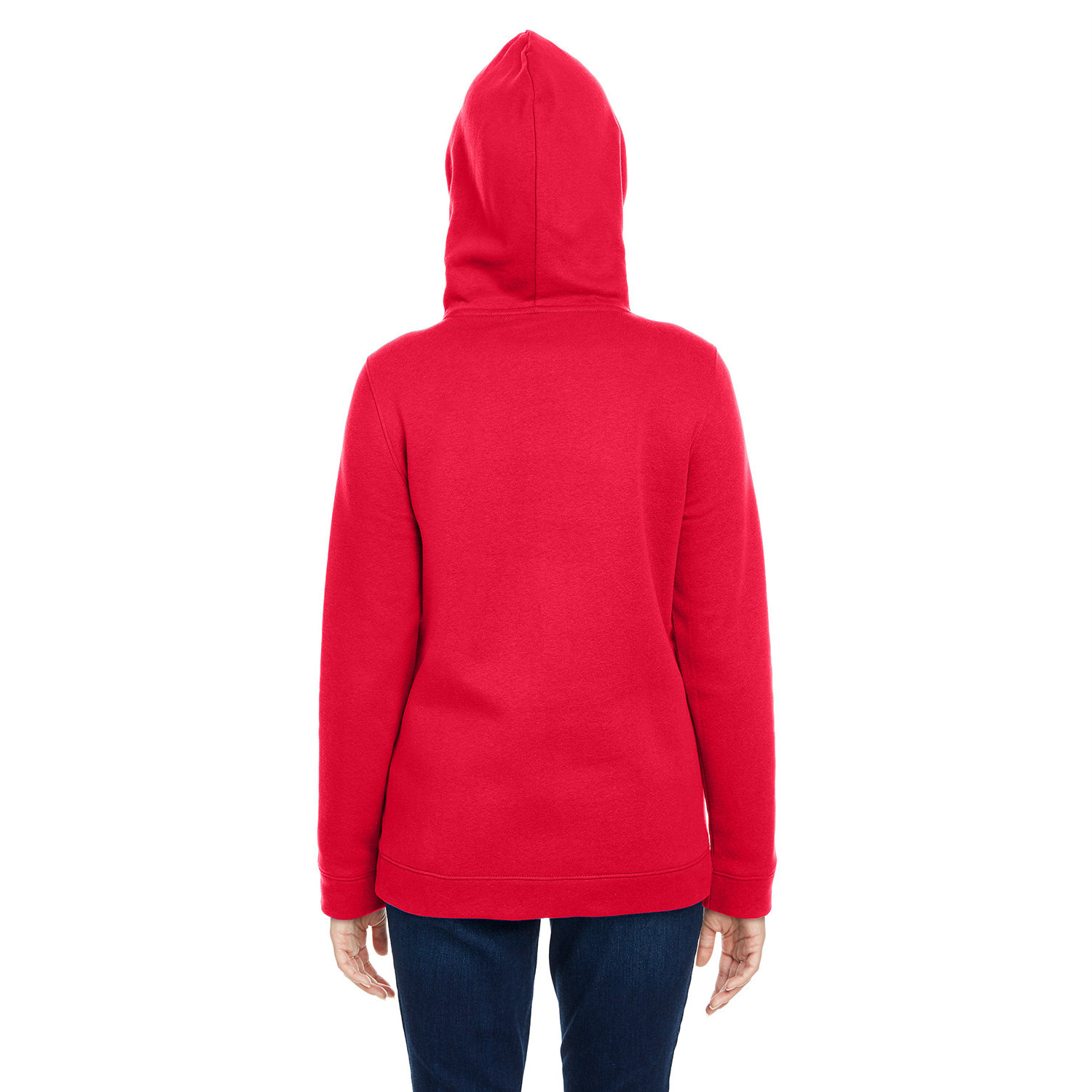 ua_ladies_cover_hustle_hoodie_back Back view of a person wearing a plain red hoodie and dark blue jeans against a white background.