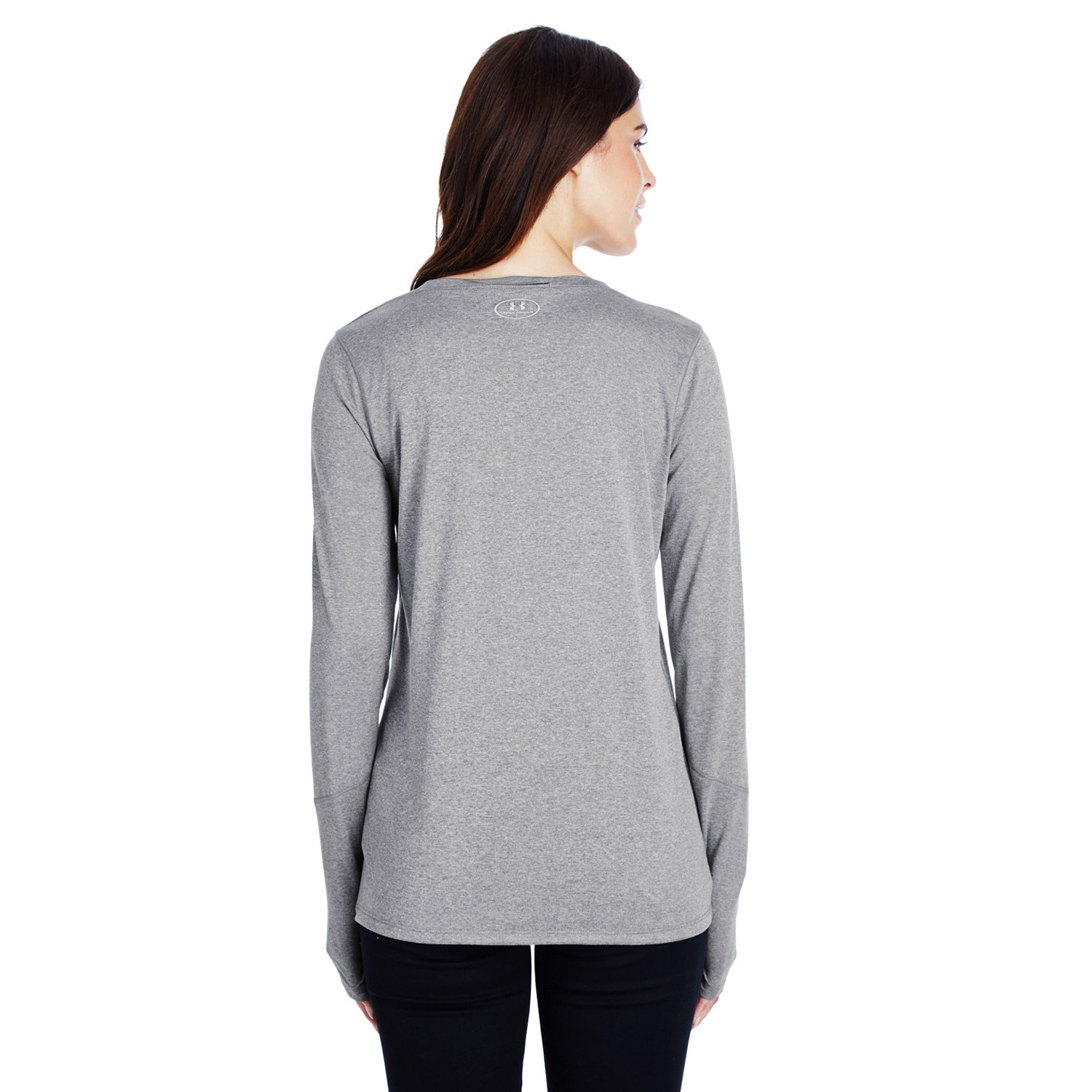 Woman with long brown hair wearing a light gray long-sleeve shirt viewed from the back against a white background.