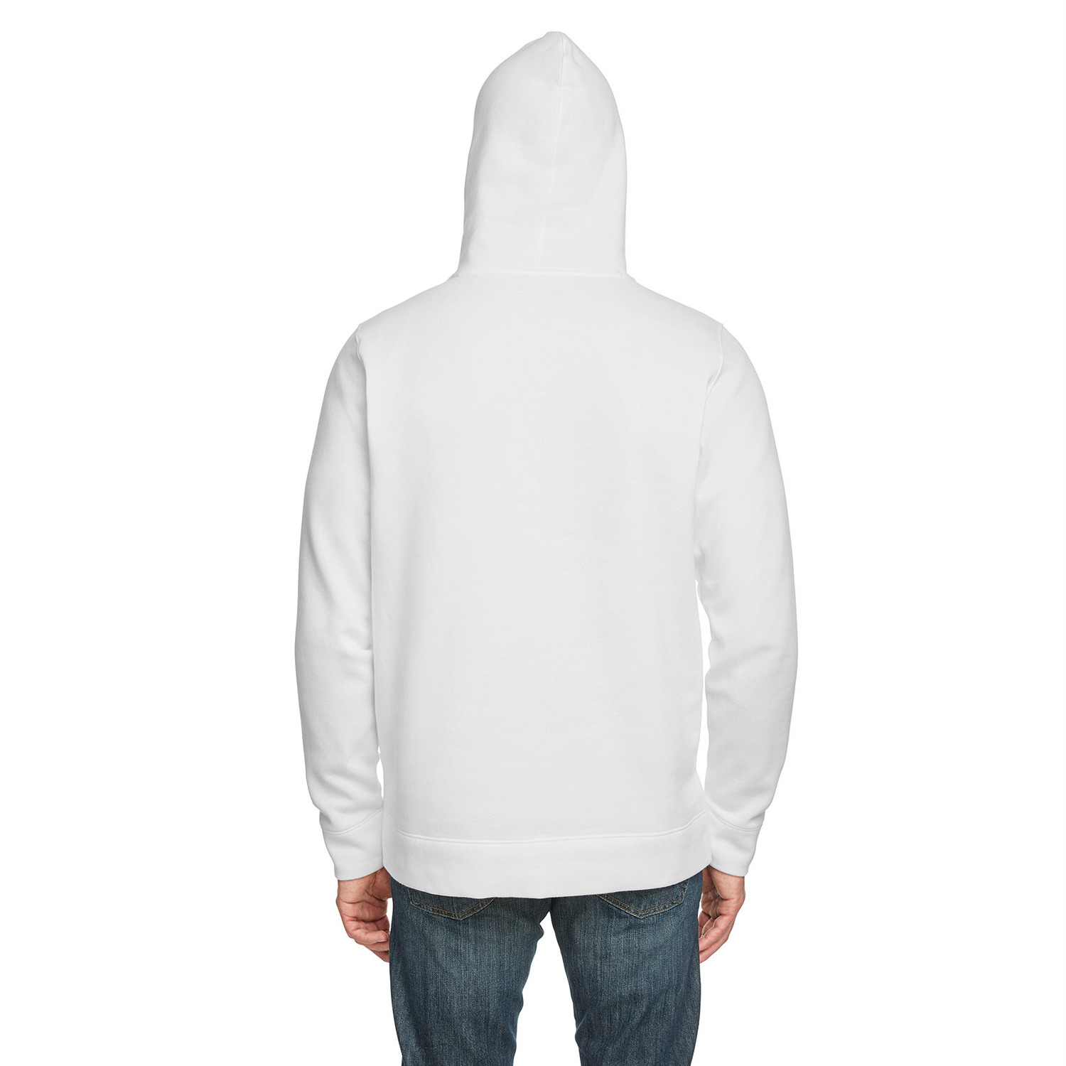 Person wearing a plain white hoodie viewed from the back against a white background