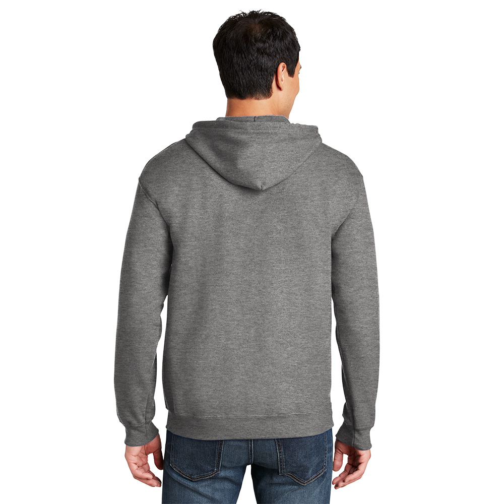 18600_graphiteheather_model_back Back view of a man wearing a plain gray hoodie and blue jeans against a white background