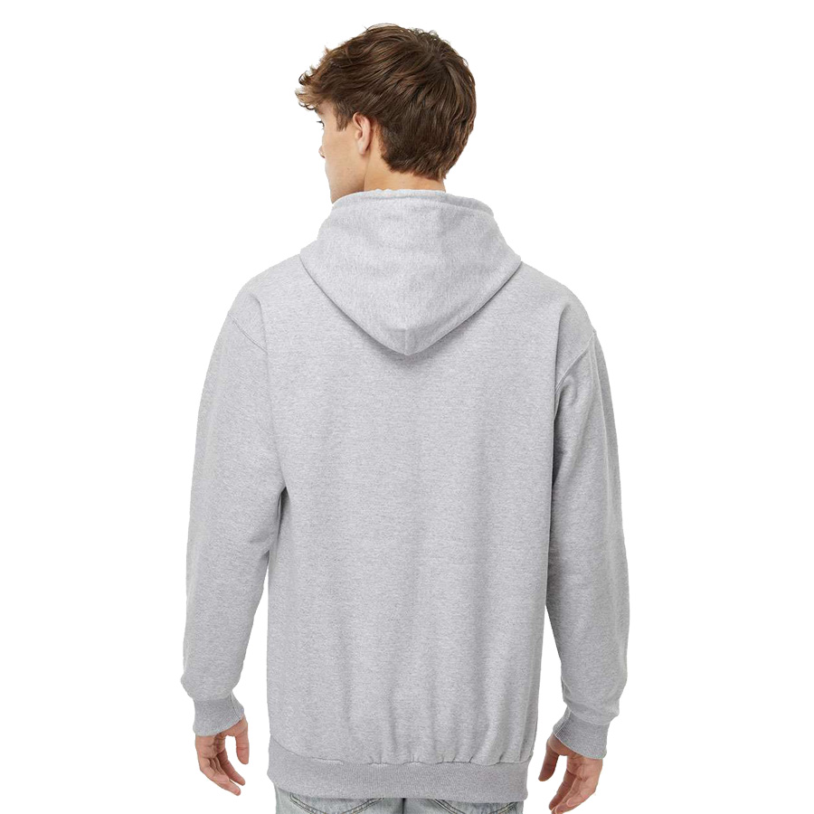 Rear view of a young man wearing a plain light gray hooded sweatshirt with ribbed cuffs and hem, standing against a white background.