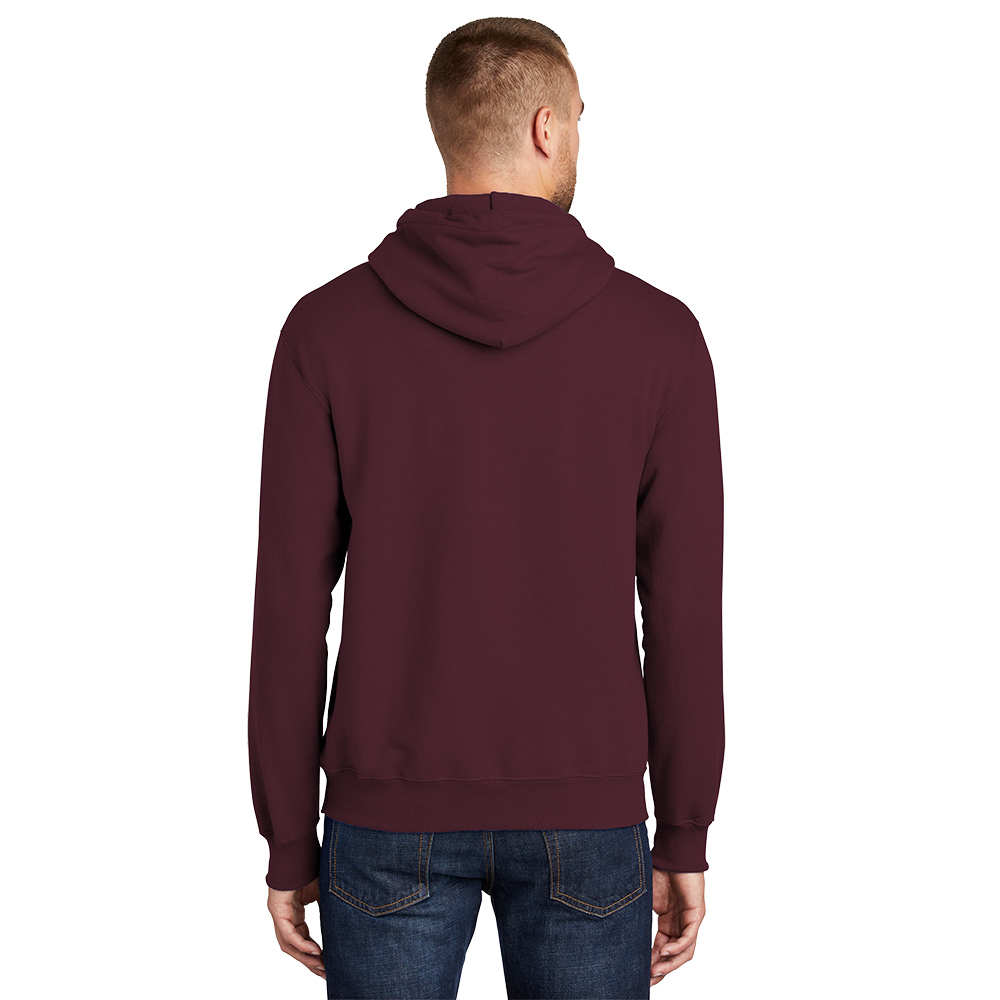 Rear view of a man wearing a plain maroon hoodie and blue jeans, standing against a white background.