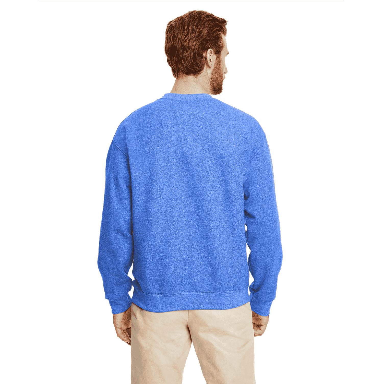 gilda_crewneck_sweatshirt_cover_back Man facing away wearing a blue long-sleeve sweatshirt and beige pants.