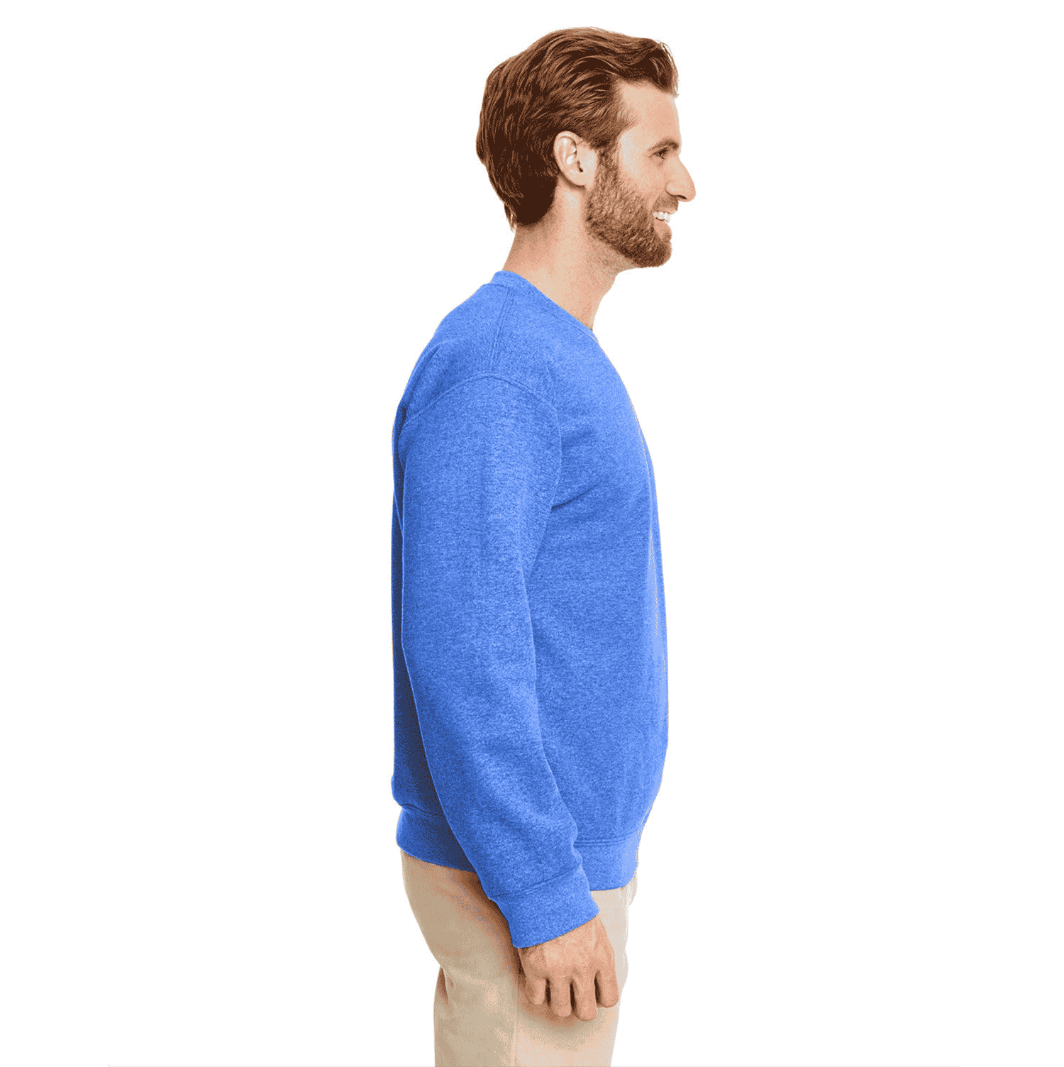 gilda_crewneck_sweatshirt_cover_side Profile of a man with light brown hair and beard wearing a bright blue long-sleeve sweatshirt and beige pants, standing against a white background.