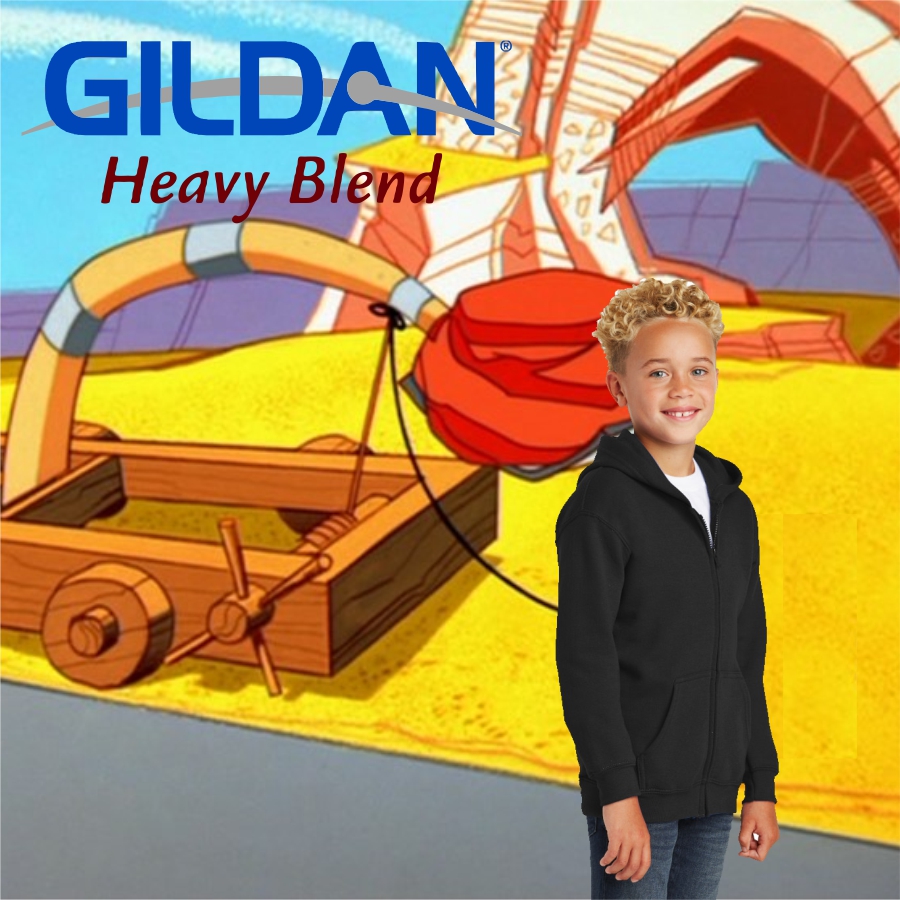 gildan_full_zip_Youth_hoodie_cover Smiling young boy with curly blonde hair wearing a black zip-up hoodie over a white shirt and jeans, standing in front of a cartoonish yellow and orange structure with the text GILDAN Heavy Blend at the top left