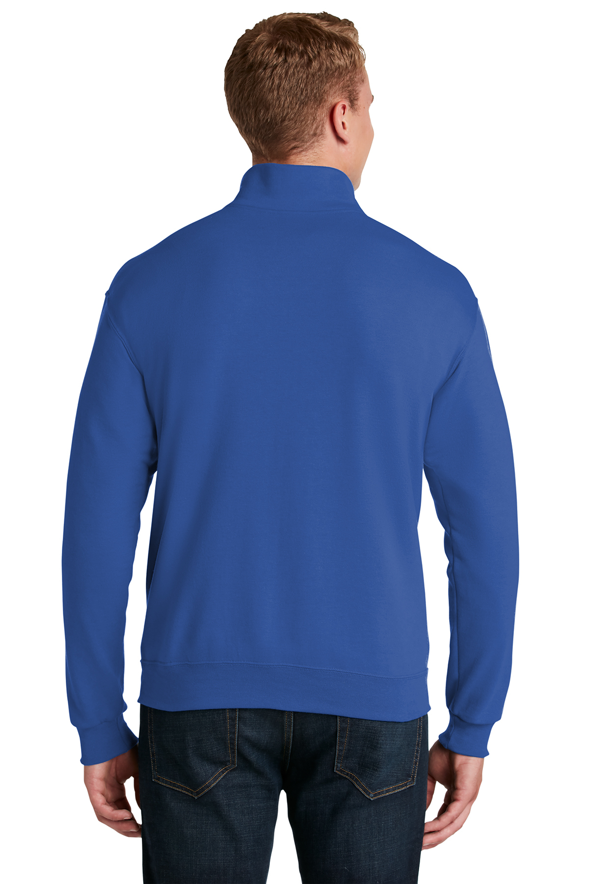 5120-Royal-2-995MRoyalModelBack1-1200W Back view of a person wearing a plain royal blue long-sleeve sweatshirt with a mock neck, paired with dark blue jeans, against a white background.