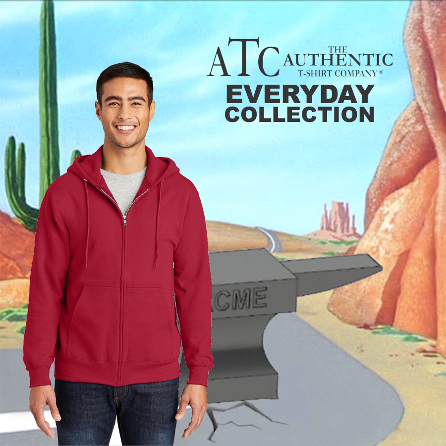 atc_2600_cover A smiling young man wearing a red zip-up hoodie from the ATC Everyday Collection, standing in front of a cartoon desert backdrop featuring cacti and an anvil.