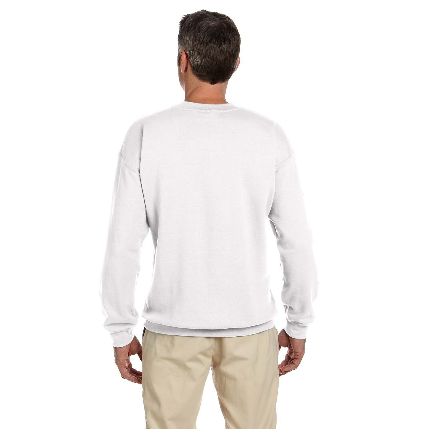 Rear view of a man wearing a plain white long-sleeve sweatshirt and beige pants against a white background
