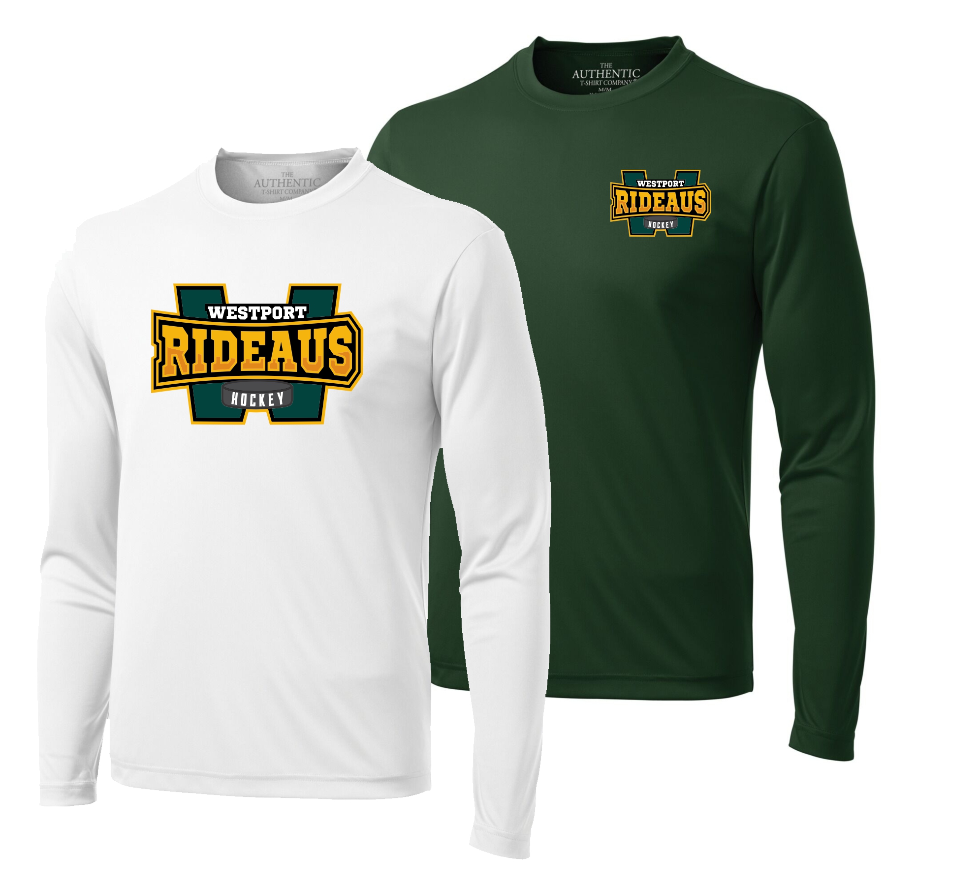 LONG_SLEEVE_COVER Long sleeve shirts featuring the Westport Rideaus hockey team logo, available in white and dark green colors. Perfect for fans and supporters looking to showcase their team spirit.