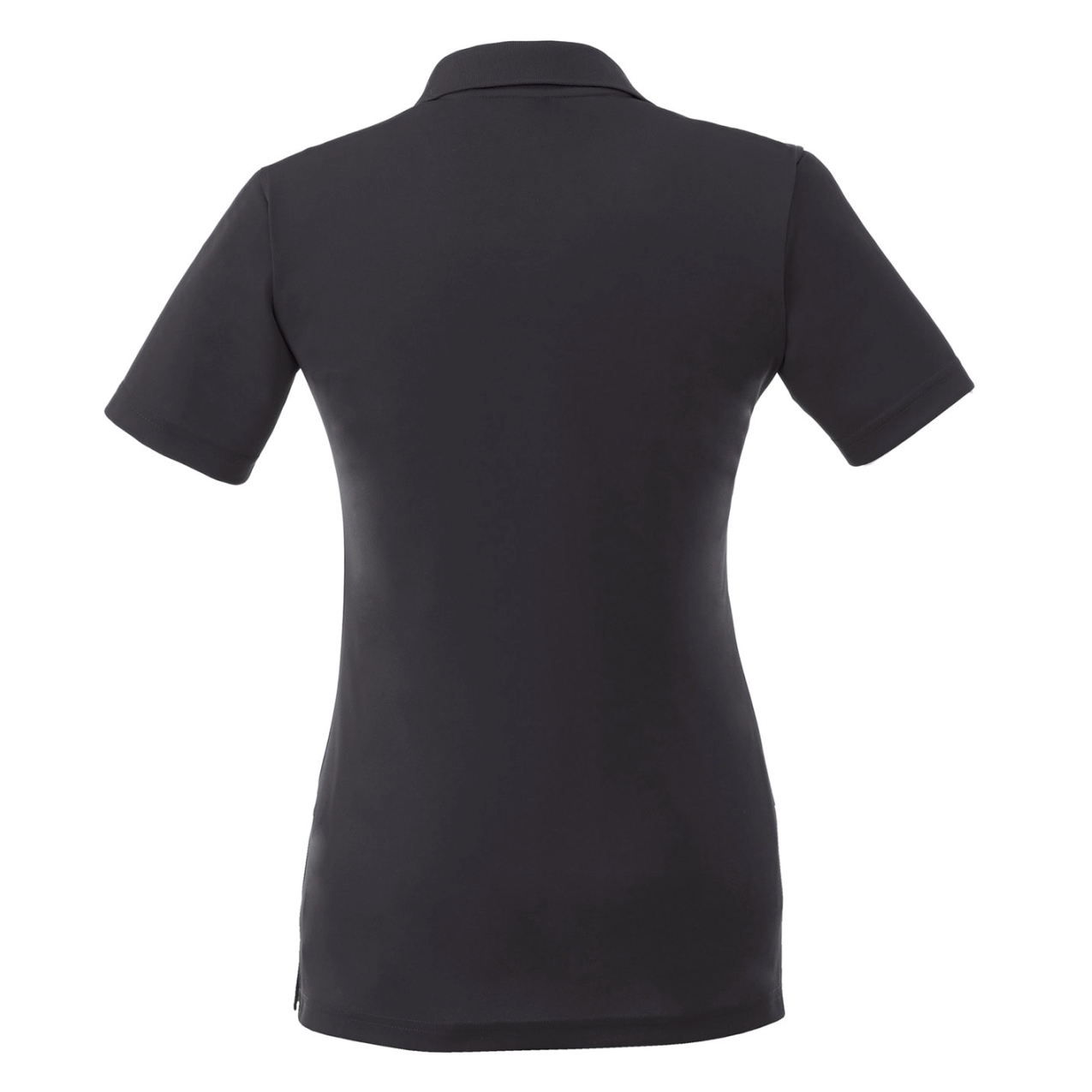 Back view of a plain black short-sleeve polo shirt with a collar, displayed on a white background.