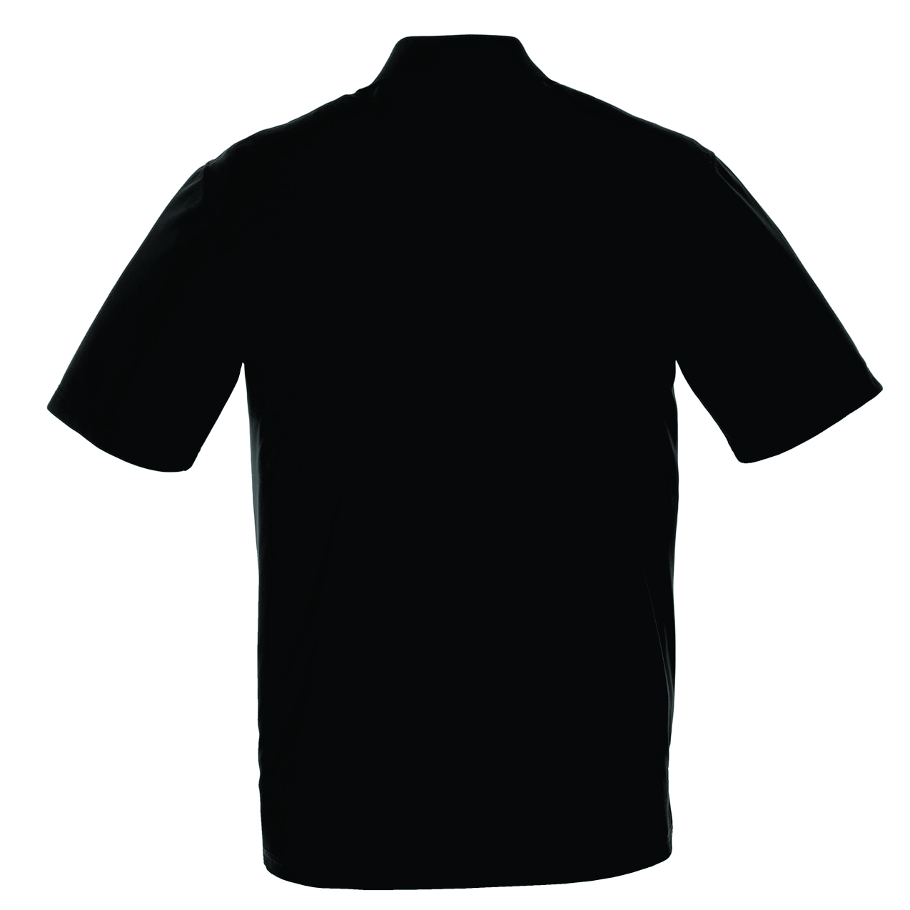 Back view of a plain black short-sleeve polo shirt with a collar on a white background