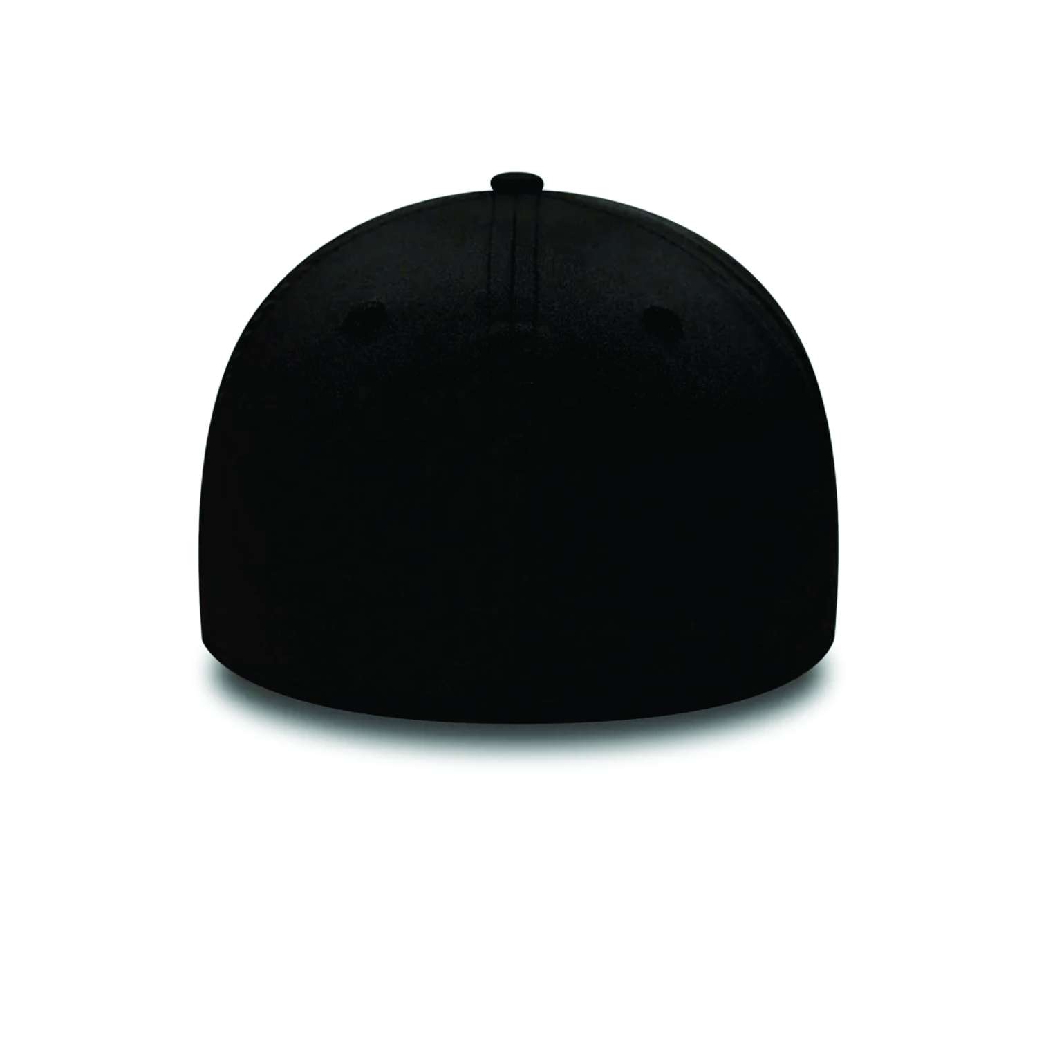 Back view of a plain black fitted cap with visible stitching details and ventilation holes.