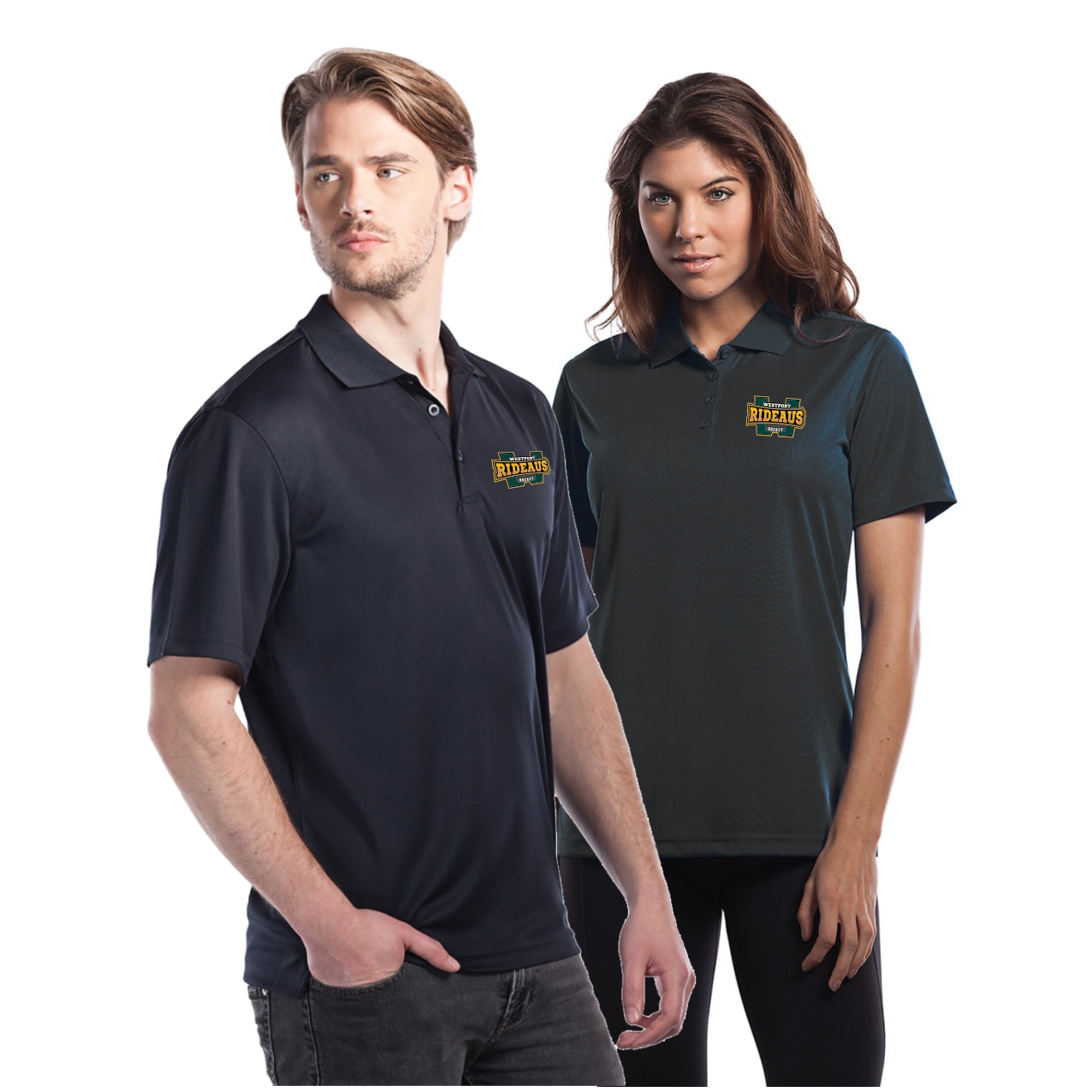 Man and woman wearing dark polo shirts with Westport Rideaus embroidered logos on the left chest, standing against a white background.