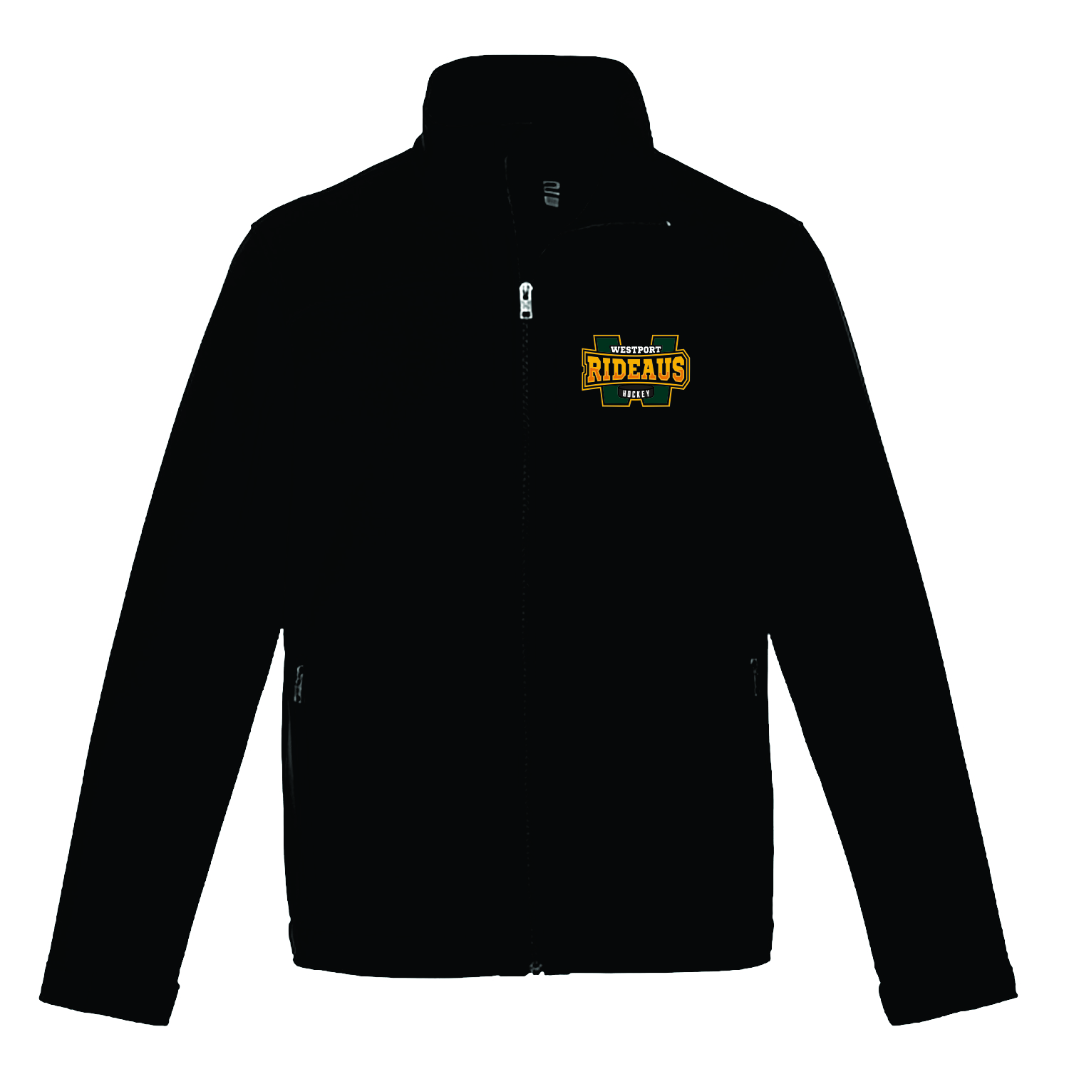 WESTPORT_RIDEAUS_SOFTSHELL_JACKET_FRONT Black zip-up jacket with a Westport Rideaus Hockey logo on the left chest featuring a large green 'W' and orange text