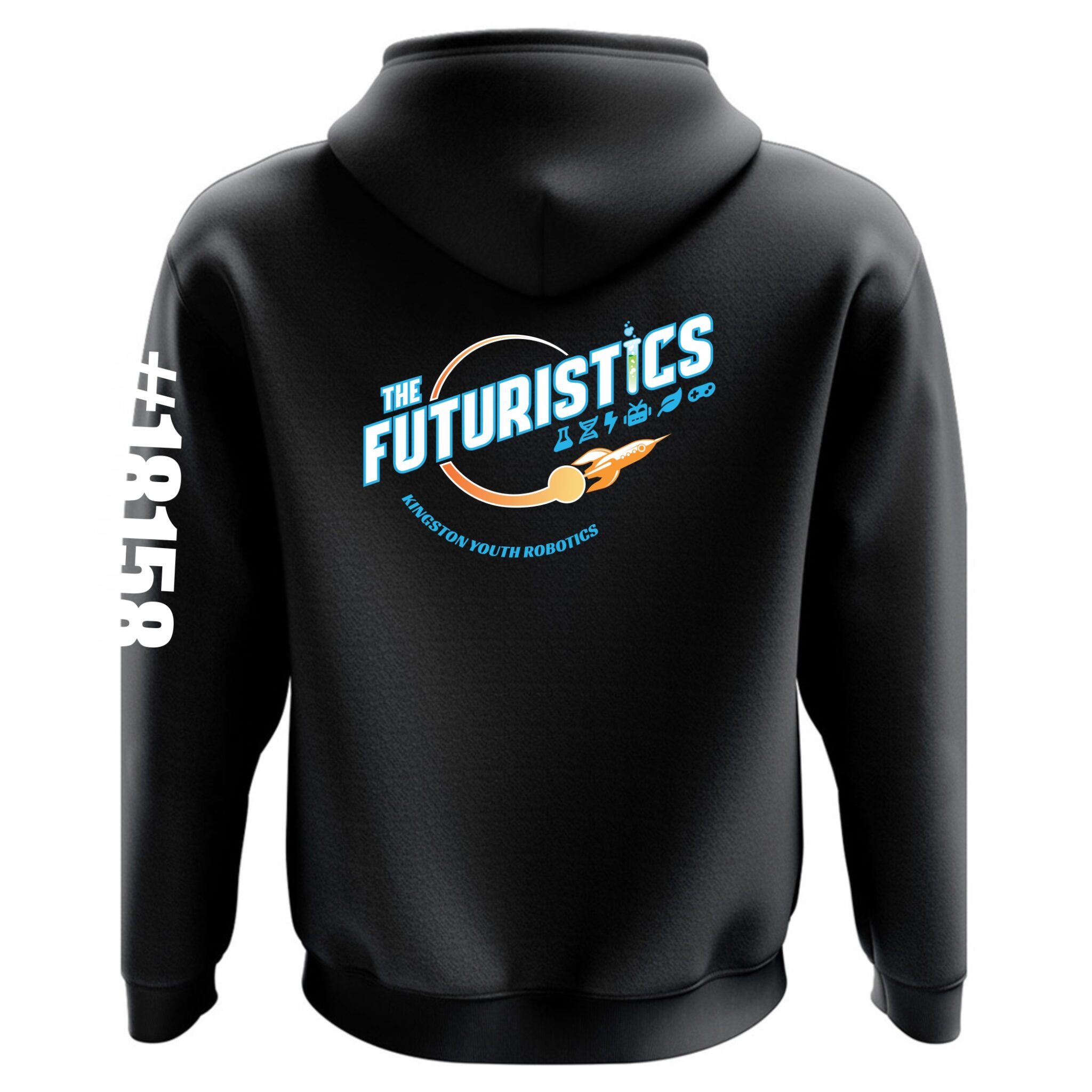 Back view of a black hoodie with "The Futuristics" logo featuring a rocket and science icons on the back, and the number "13858" printed vertically in white on the right sleeve.