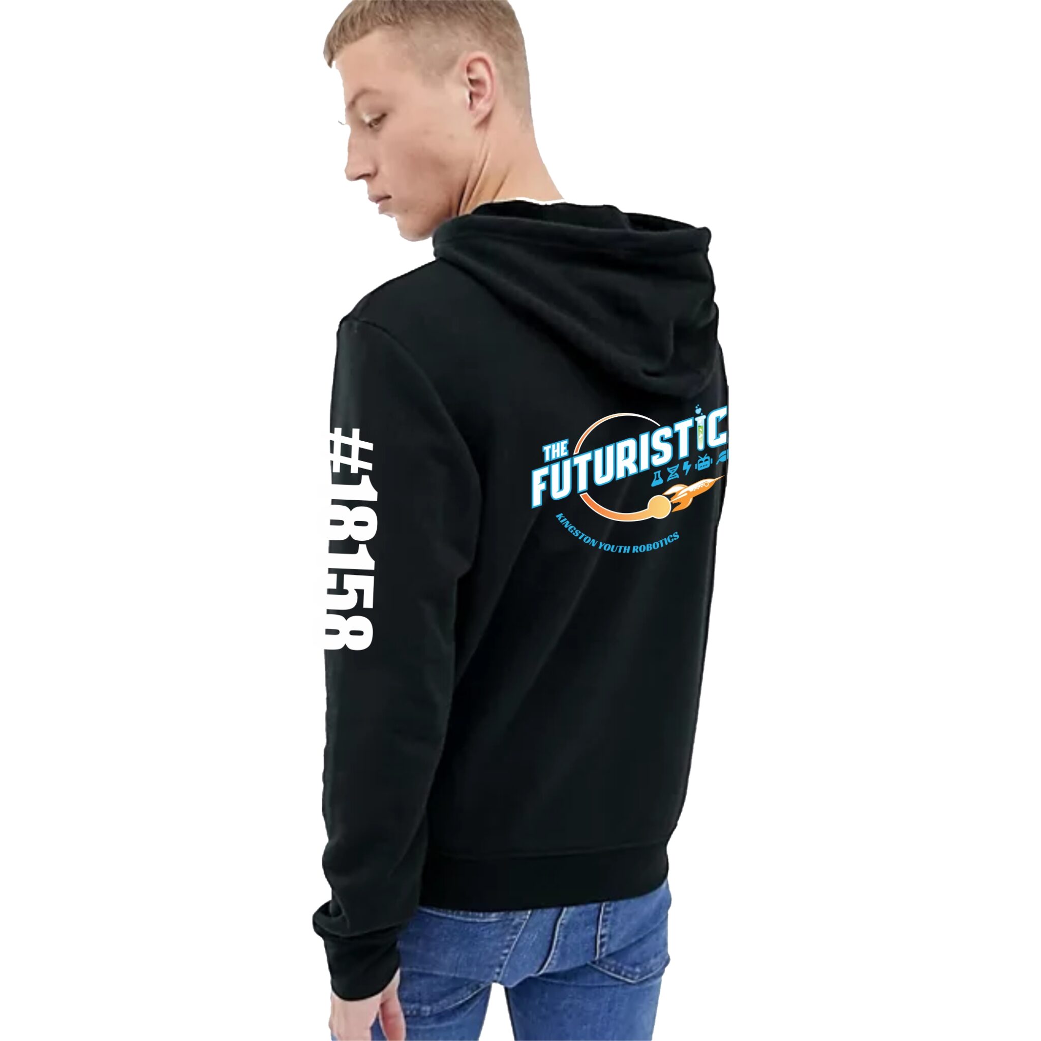 Man wearing a black hoodie with the text 'THE FUTURISTIC KINGSTON YOUTH ROBOTICS' and a rocket graphic on the back, and '#8158' printed vertically on the left sleeve, paired with blue jeans.