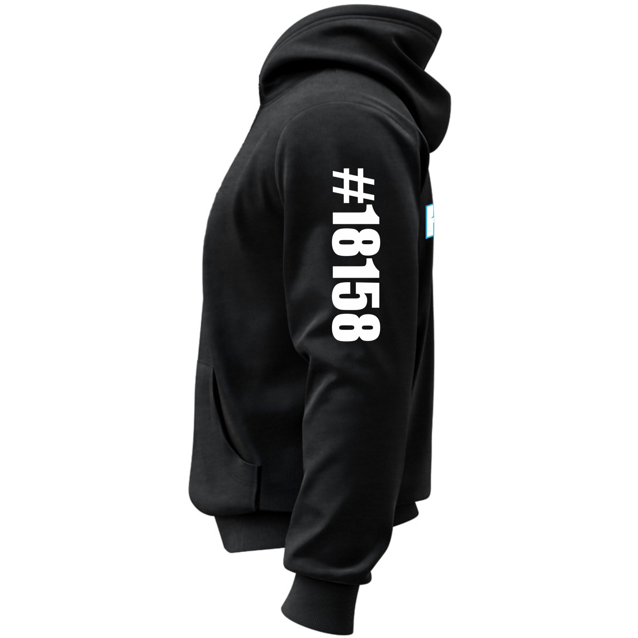 Black hoodie featuring a stylish design with the number #18158 printed on the sleeve, ideal for casual wear and showcasing a modern streetwear aesthetic.