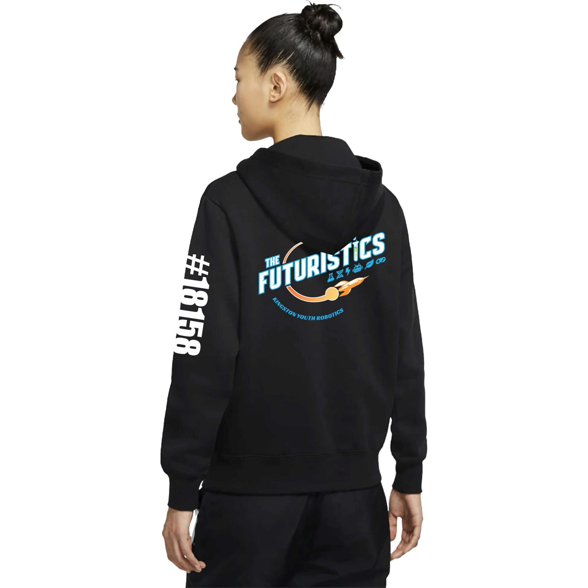 Person with hair in a bun wearing a black hoodie featuring a colorful 'The Futuristics Kingston Youth Robotics' logo with a rocket and symbols on the back, and white '#8158' text on the left sleeve, viewed from behind against a white background.
