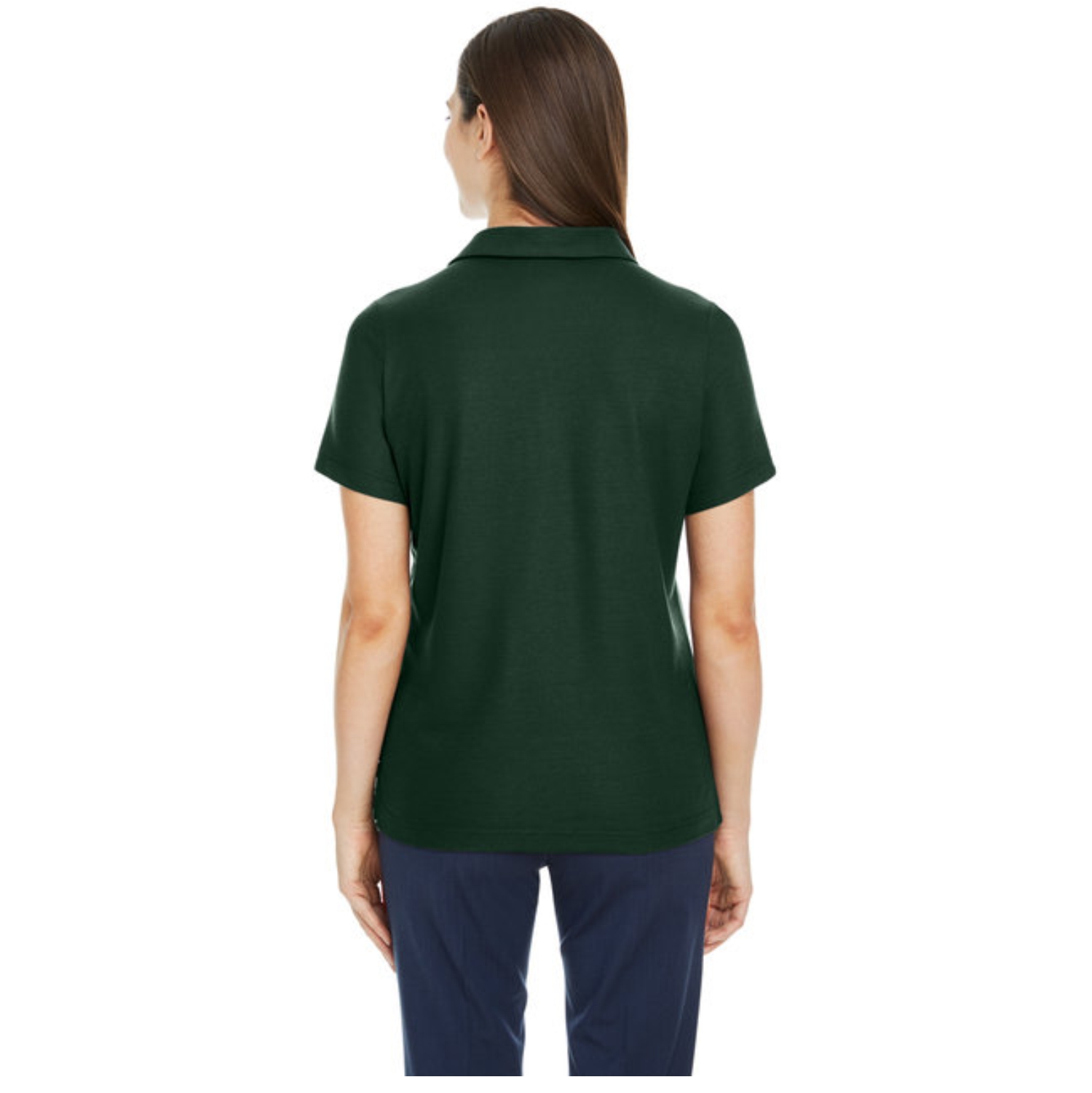 Rear view of a woman wearing a dark green short-sleeve polo shirt and navy blue pants against a white background.