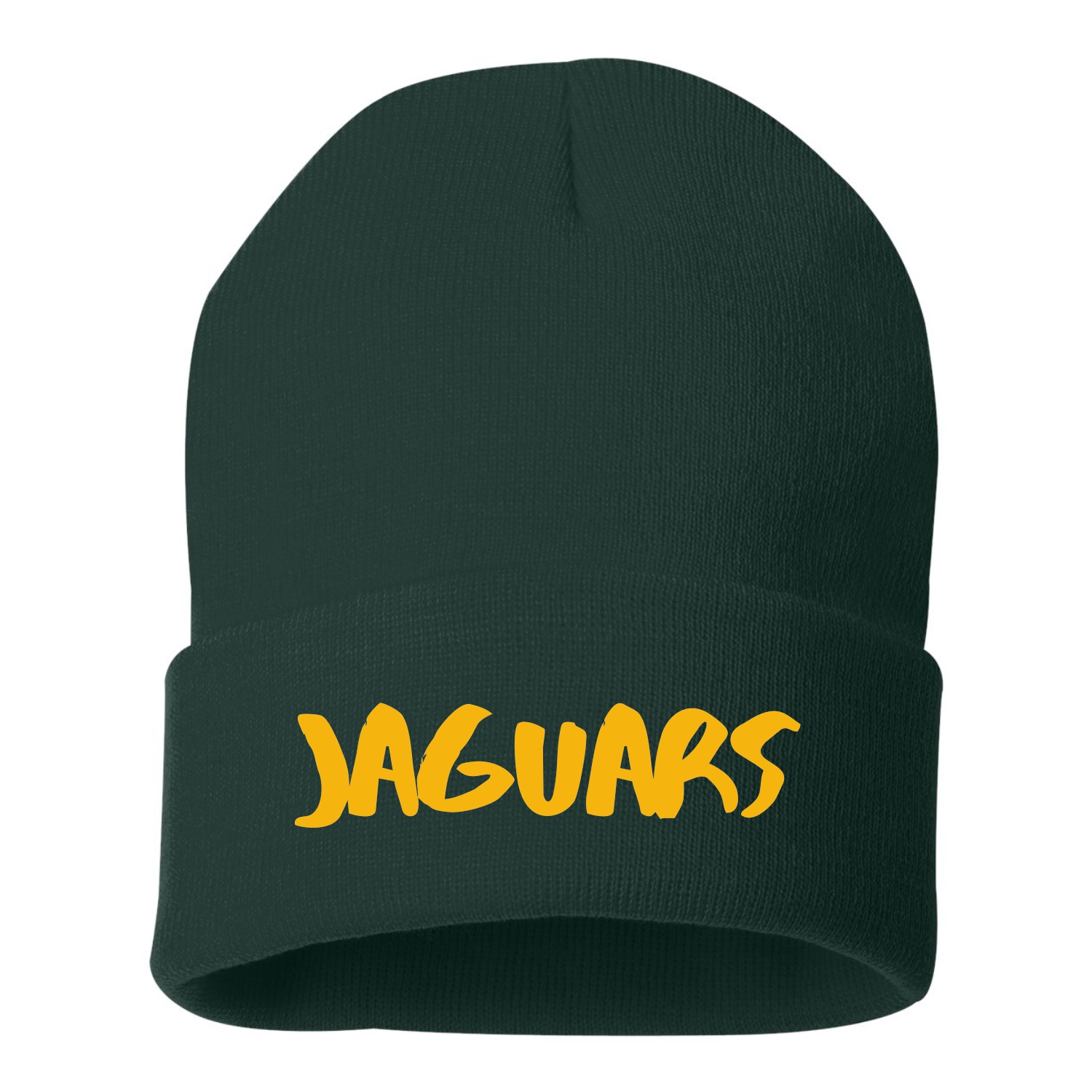 Dark green knit beanie with the word 'JAGUARS' written in bold yellow letters on the front cuff