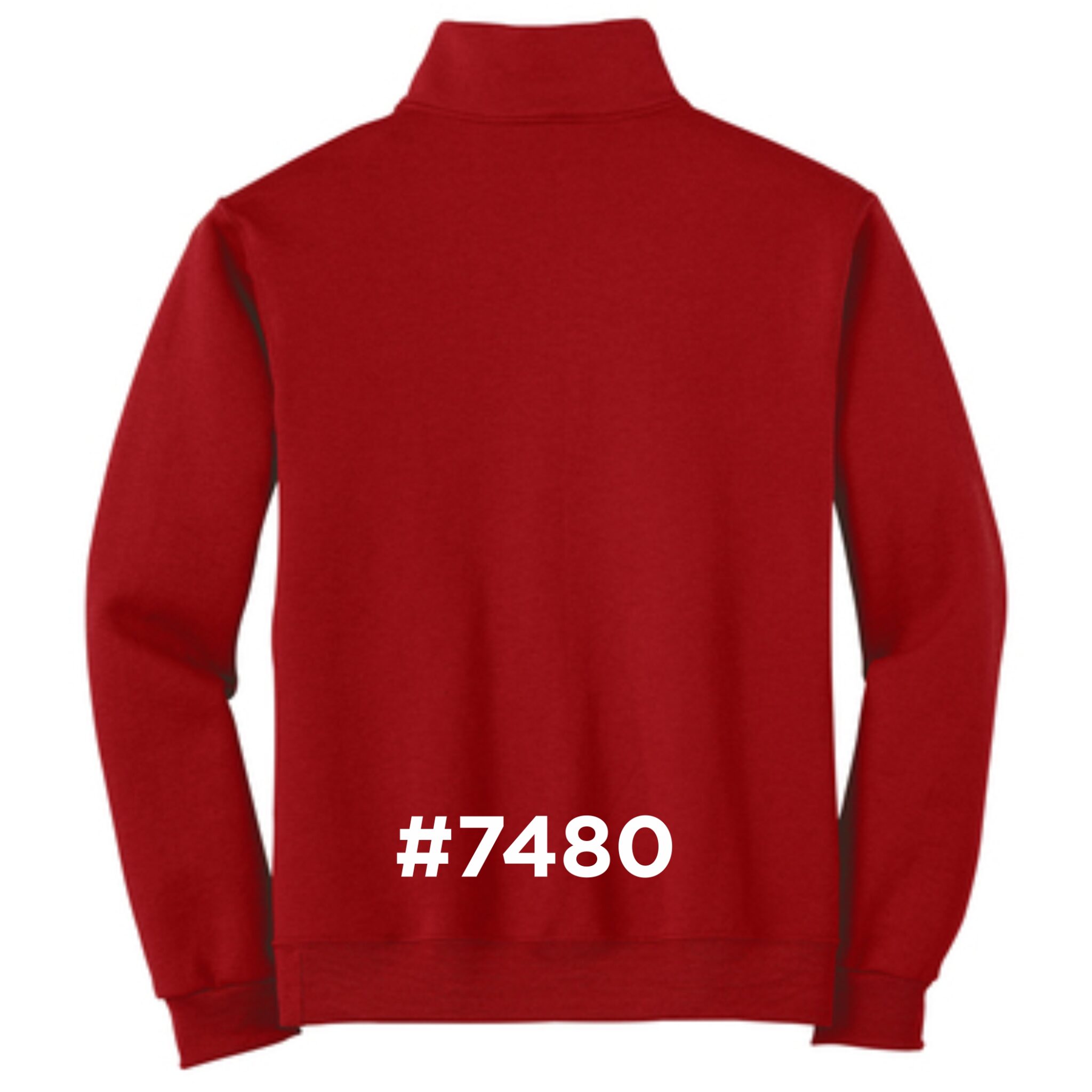 Back view of a plain red long-sleeve sweatshirt with a high collar and the text '#7480' printed in white near the bottom hem.