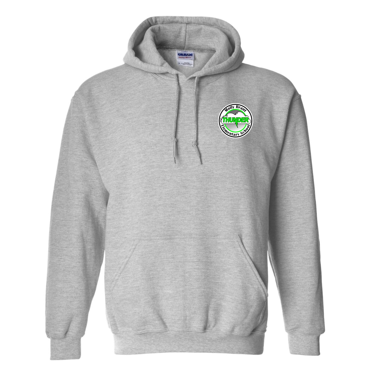 Gray hooded sweatshirt with a small logo on the left chest reading Molly Brant Thunder Elementary School with a green thunderbolt design