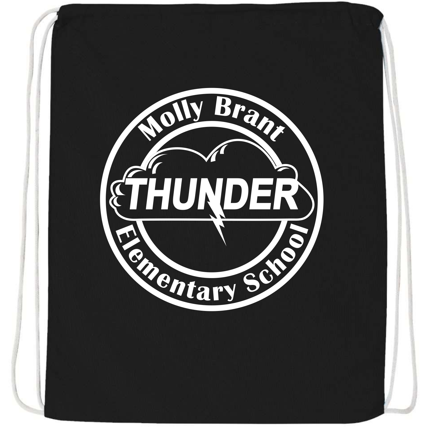 Black drawstring bag with white logo featuring a cloud and lightning bolt with the word THUNDER in bold, surrounded by the text Molly Brant Elementary School in a circle.