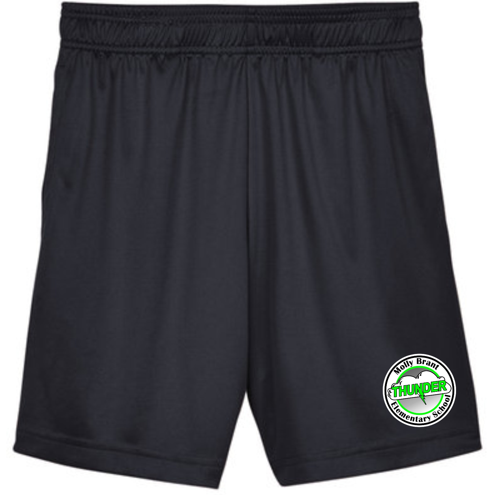 Black athletic shorts with an elastic waistband featuring a circular logo on the lower right leg that reads Molly Brant Elementary School with a green thunderbolt and the word Thunder in bright green inside the circle