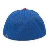 Back view of a blue perforated cap with a red button on top and a small silver logo on the side.