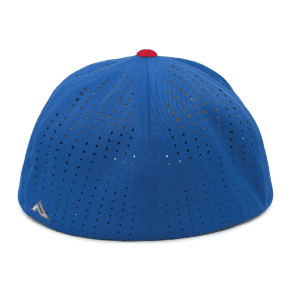 Back view of a blue perforated cap with a red button on top and a small silver logo on the side.
