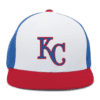 Baseball cap with white front panel, blue side panels, red brim and button, featuring a blue and red KC logo on the front