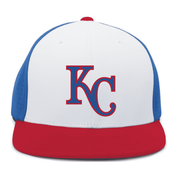 Baseball cap with white front panel, blue side panels, red brim and button, featuring a blue and red KC logo on the front
