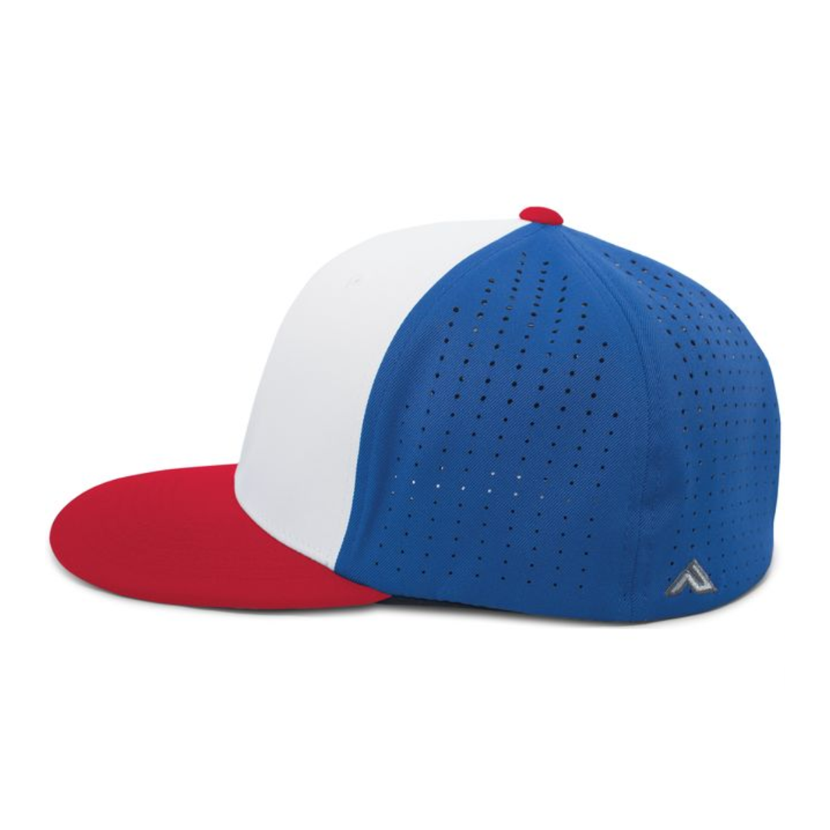 Performance Flexfit Ball Cap_side Stylish sports cap featuring a red brim and blue and white mesh design for breathability, perfect for outdoor activities and casual wear.