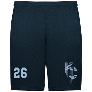Men's navy athletic shorts featuring the number 26 and a stylized KC logo, designed for comfort and performance in sports activities.