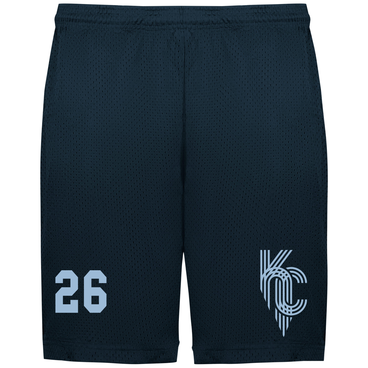 Men's navy athletic shorts featuring the number 26 and a stylized KC logo, designed for comfort and performance in sports activities.