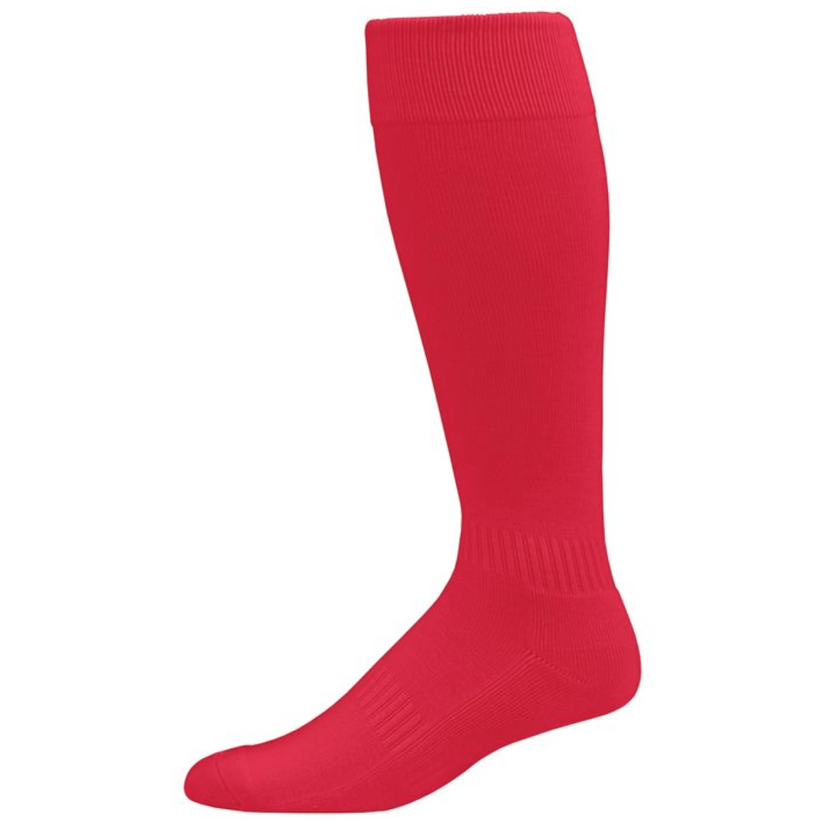 Single plain red knee-high sock with ribbed top and foot heel reinforcement against a white background