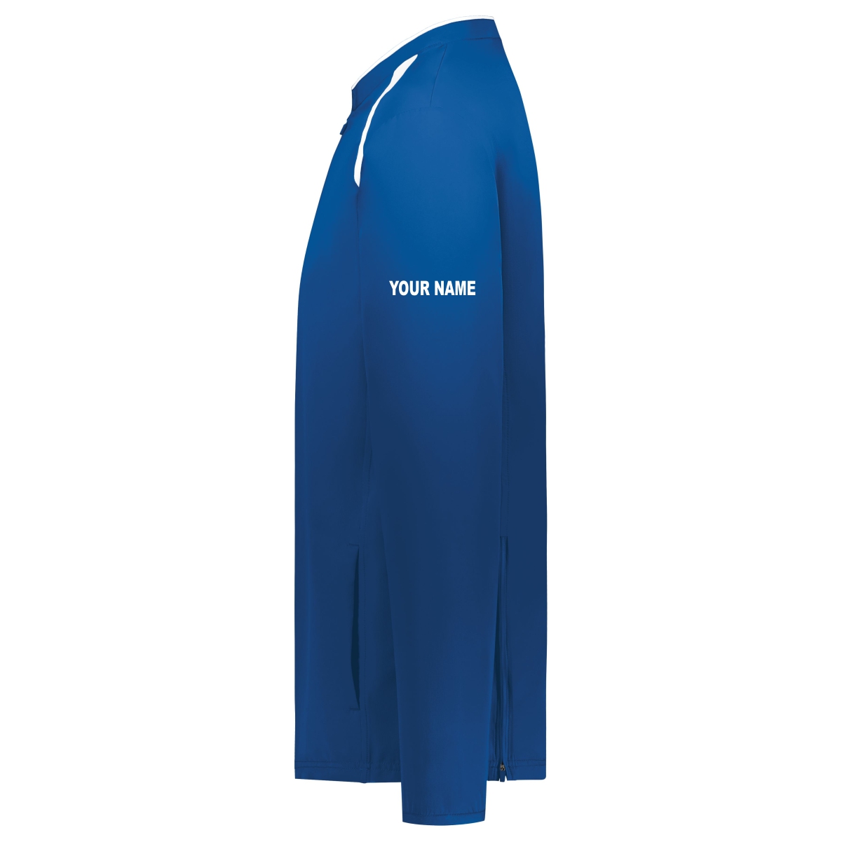 Side view of a blue long-sleeve jacket with a white stripe near the shoulder and the text YOUR NAME in white on the upper arm