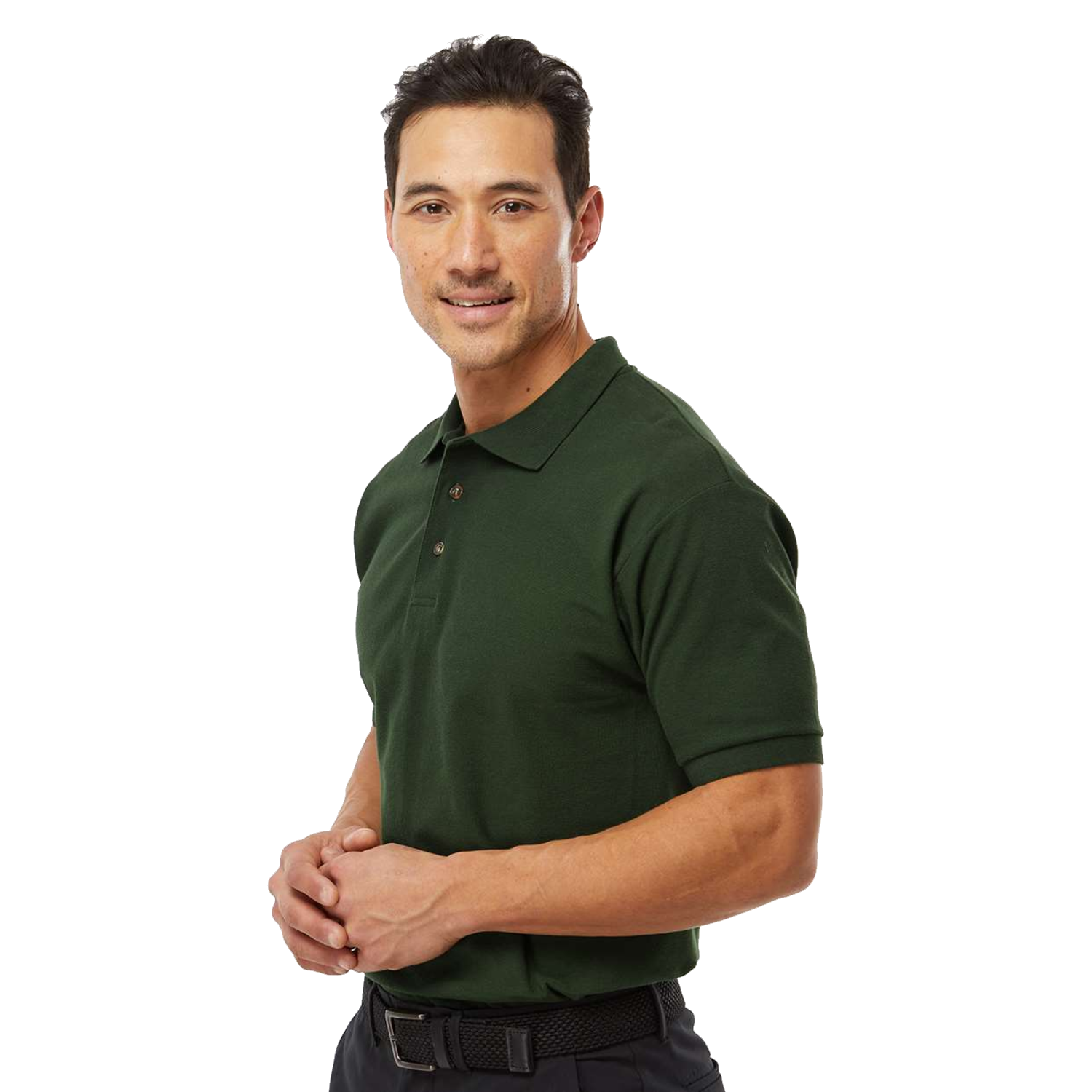 m&o_knits_polo_gallery_2 Man wearing a dark green polo shirt, smiling and posing with hands clasped, showcasing a casual and stylish look suitable for various occasions.